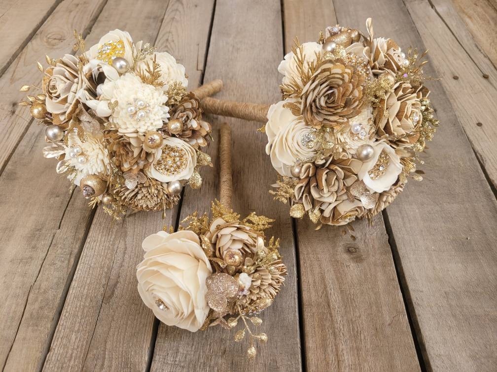 Gold Brooch and Glitter Sola Wood Flower Bouquet with Cream and Natural Bark Flowers, Color Options Available