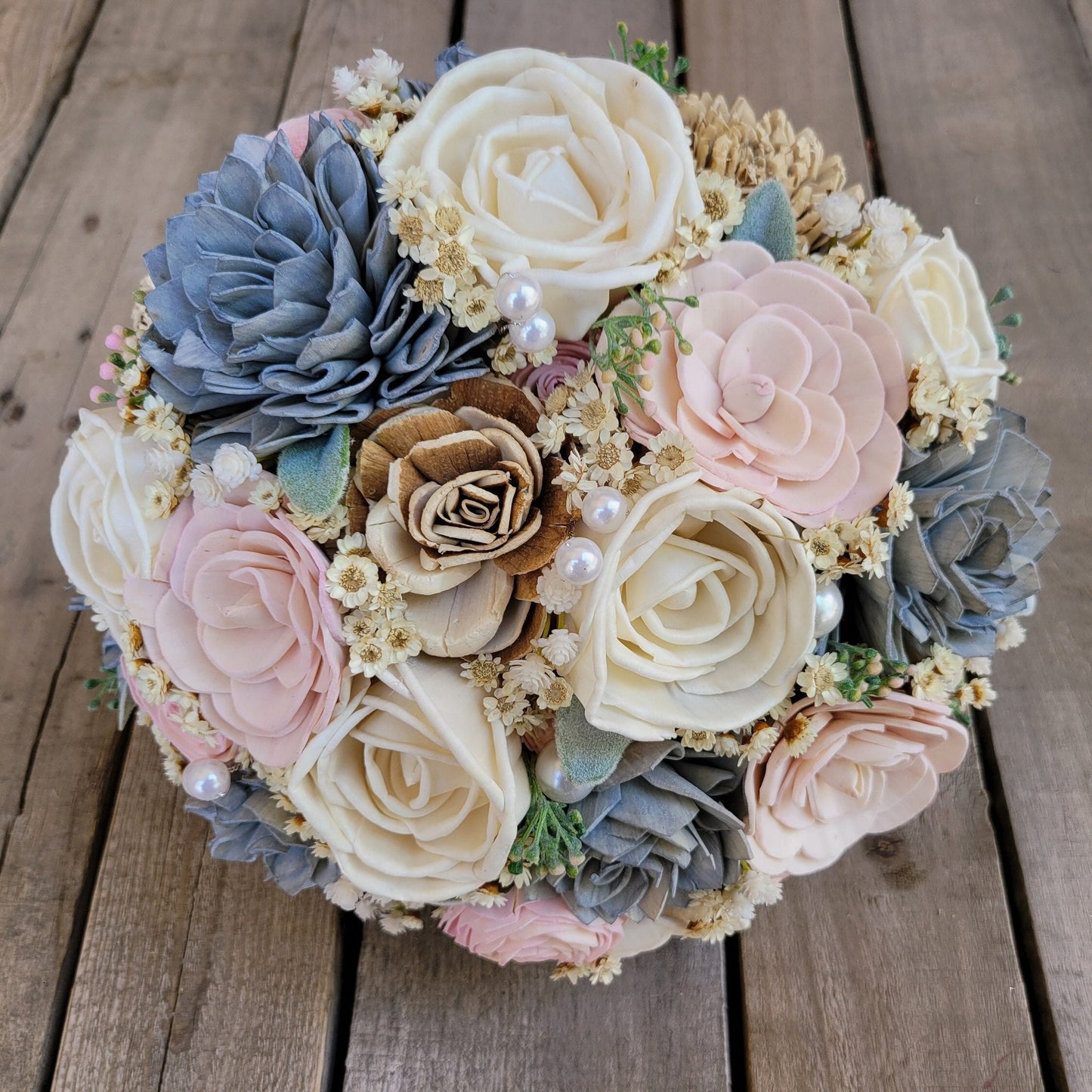 Wood Flower Bride Bouquet, Rustic Wedding Flowers, Bridal Bouquet with Pearls, Wooden Flowers