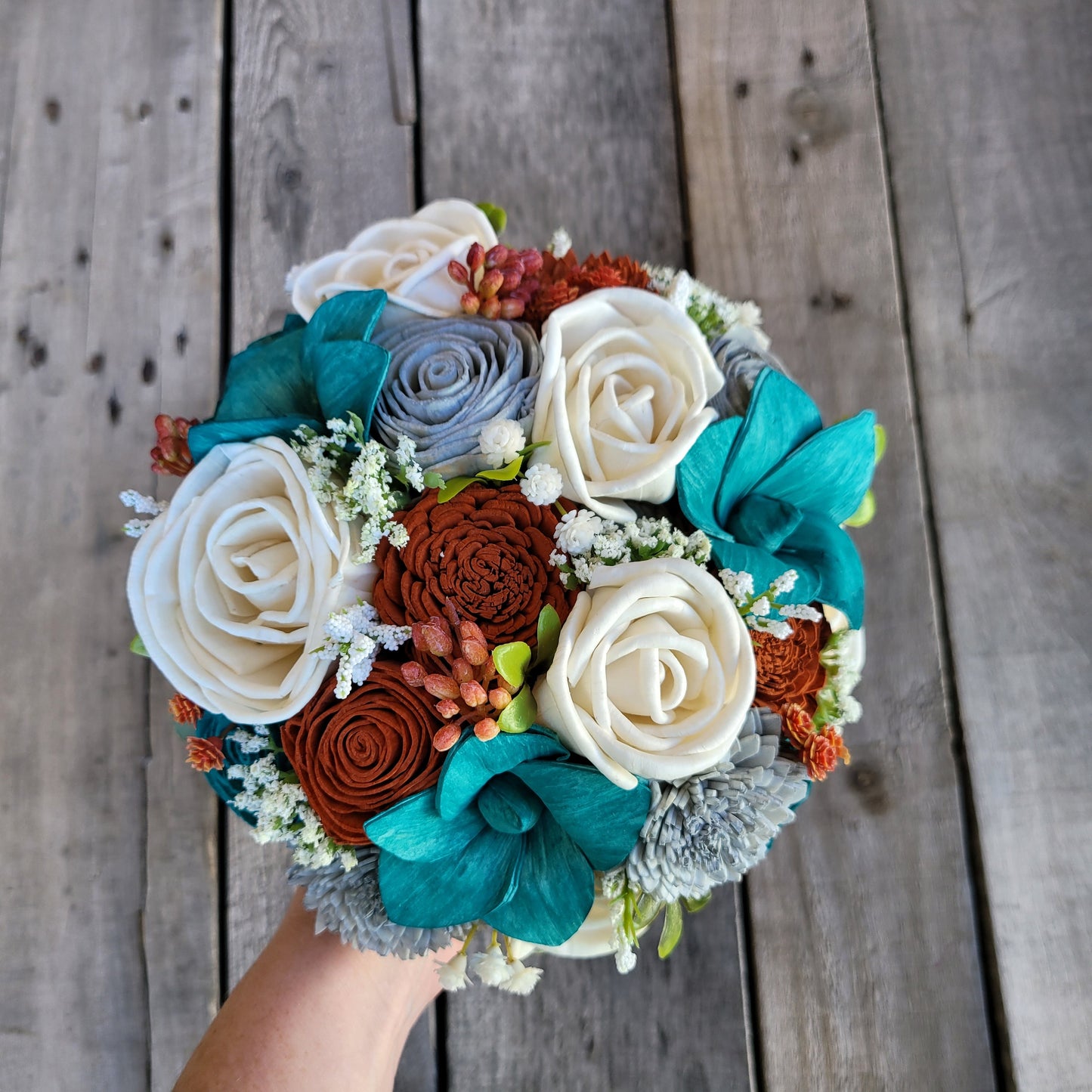 Fall Wedding Sola Wood Flower Bouquet, Wooden Bouquet, Burnt Orange Bridal Flowers