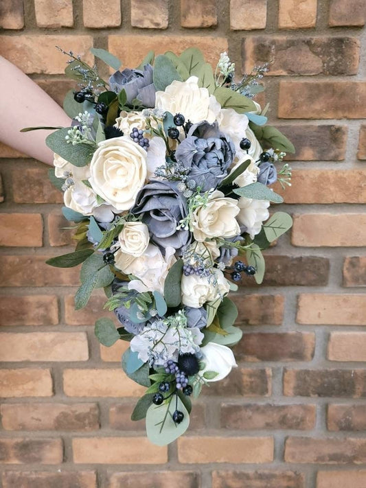 Dusty Blue Sola Wood Flower Bridal Bouquet, Slate Blue Wedding Flowers, Bridesmaid Bouquet