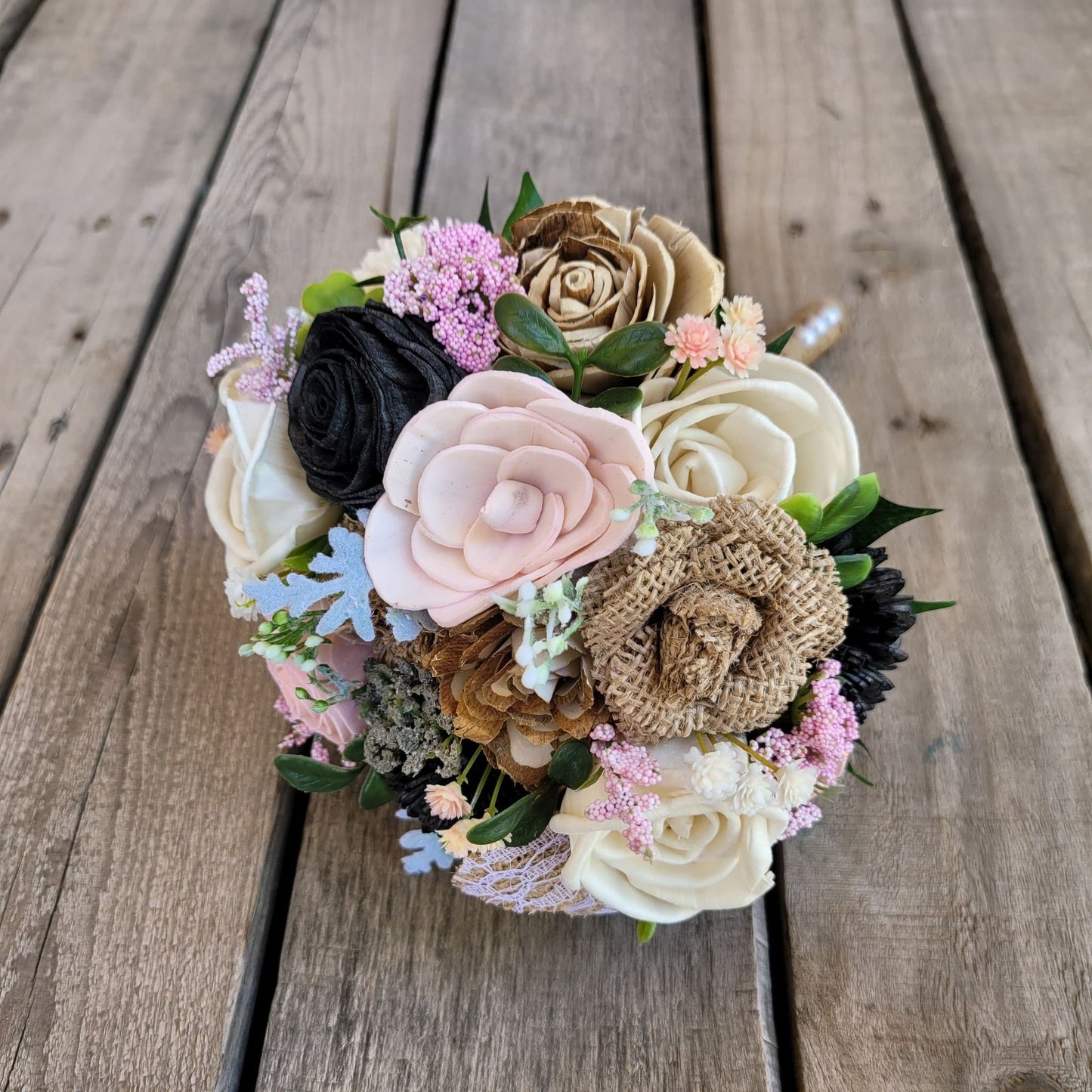 Rustic Black and Light Pink Wood Flower Bouquet, Sola Wood Flowers with Burlap Flowers, Bride or Bridesmaid Wedding Florals