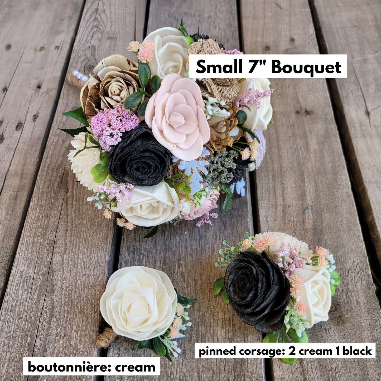 Rustic Black and Light Pink Wood Flower Bouquet, Sola Wood Flowers with Burlap Flowers, Bride or Bridesmaid Wedding Florals