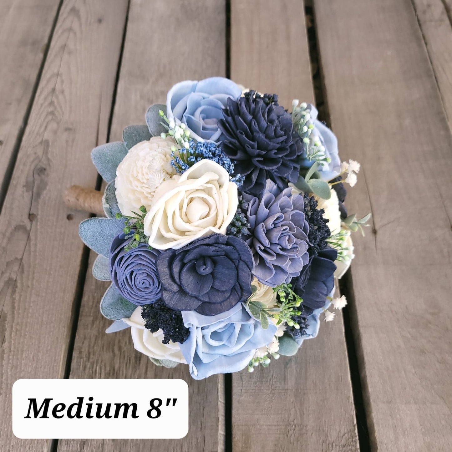 Blue Wedding Bouquet with Wood Flowers, Wooden Flower Bouquet, Sola Wood Flowers Bridal Bouquet