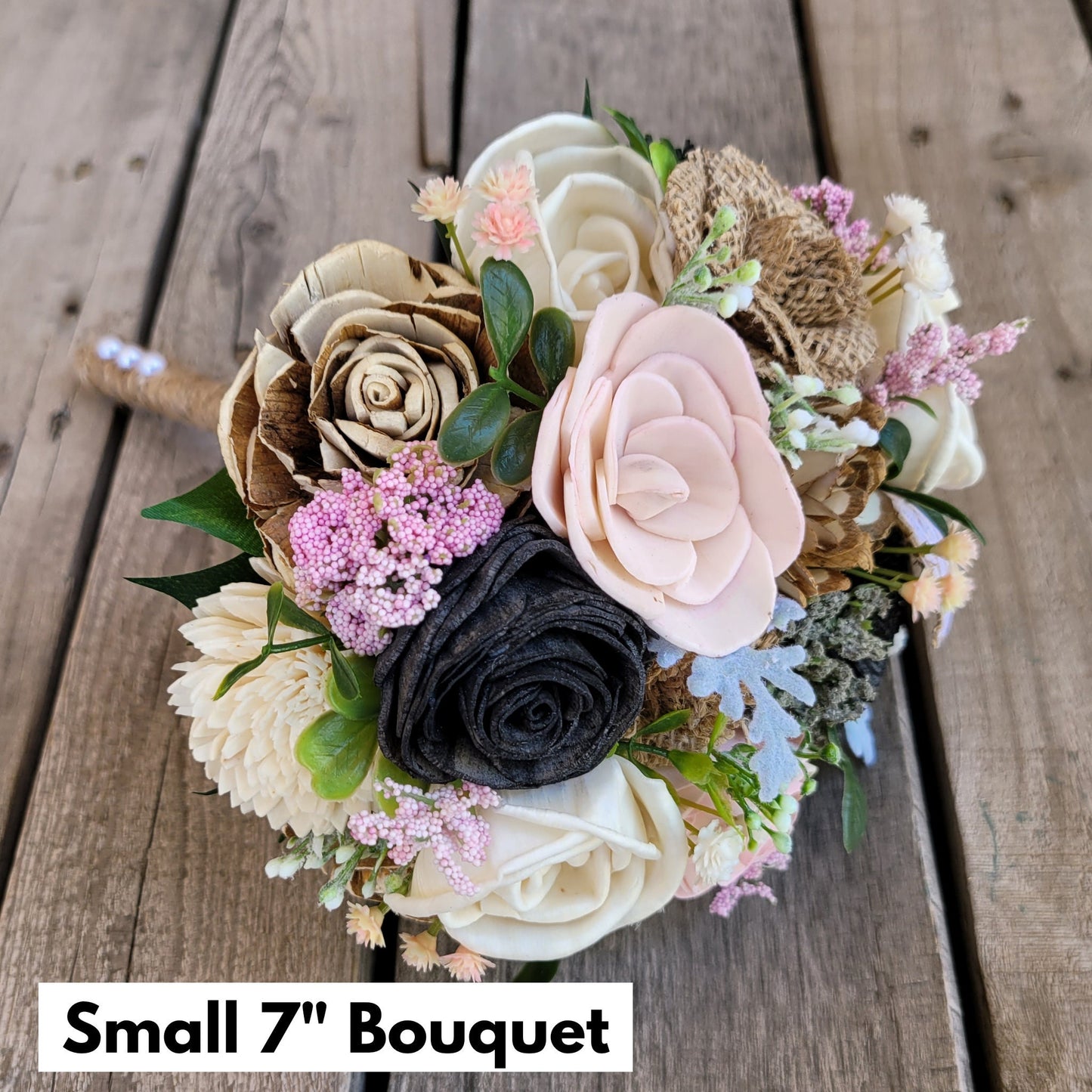 Rustic Black and Light Pink Wood Flower Bouquet, Sola Wood Flowers with Burlap Flowers, Bride or Bridesmaid Wedding Florals