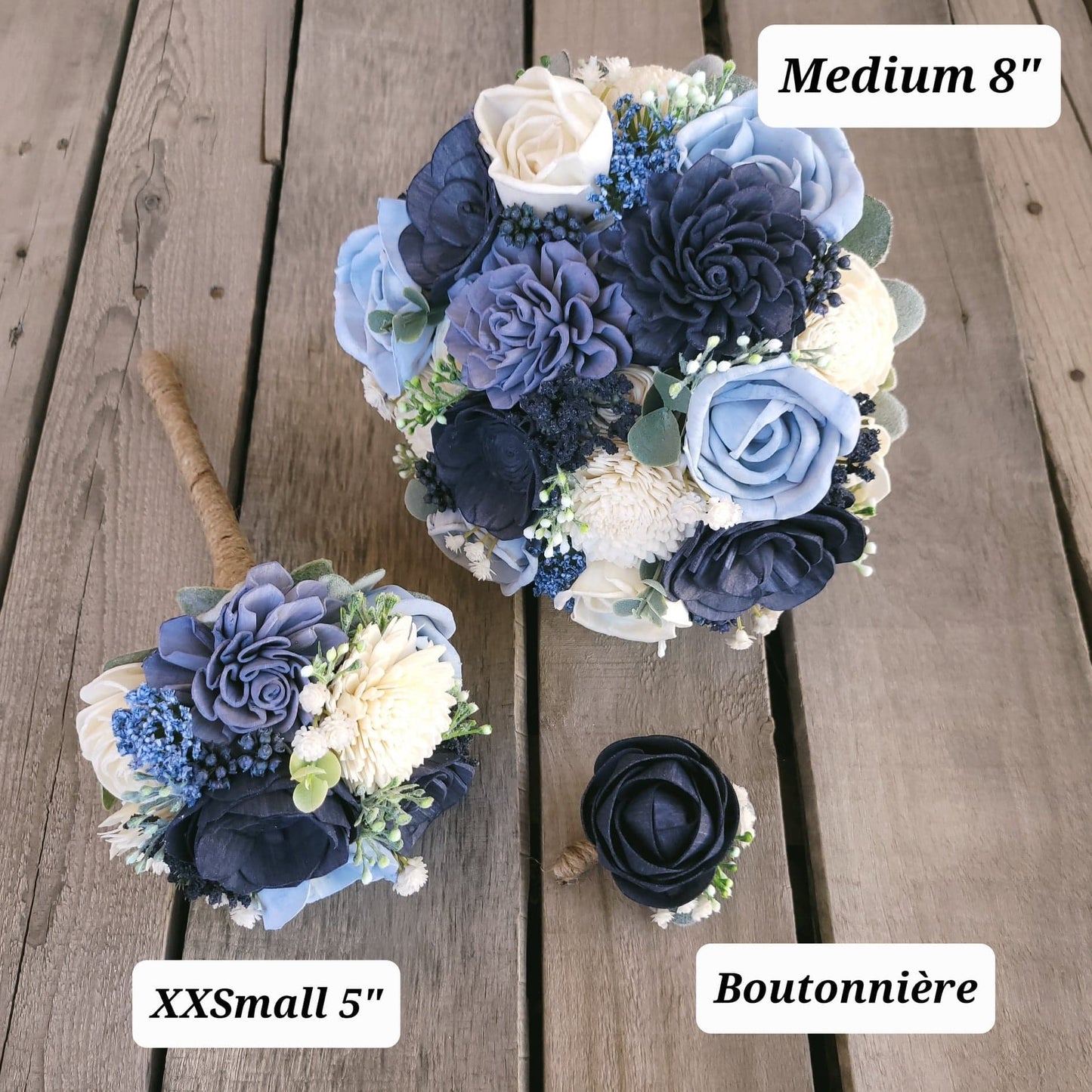 Blue Wedding Bouquet with Wood Flowers, Wooden Flower Bouquet, Sola Wood Flowers Bridal Bouquet