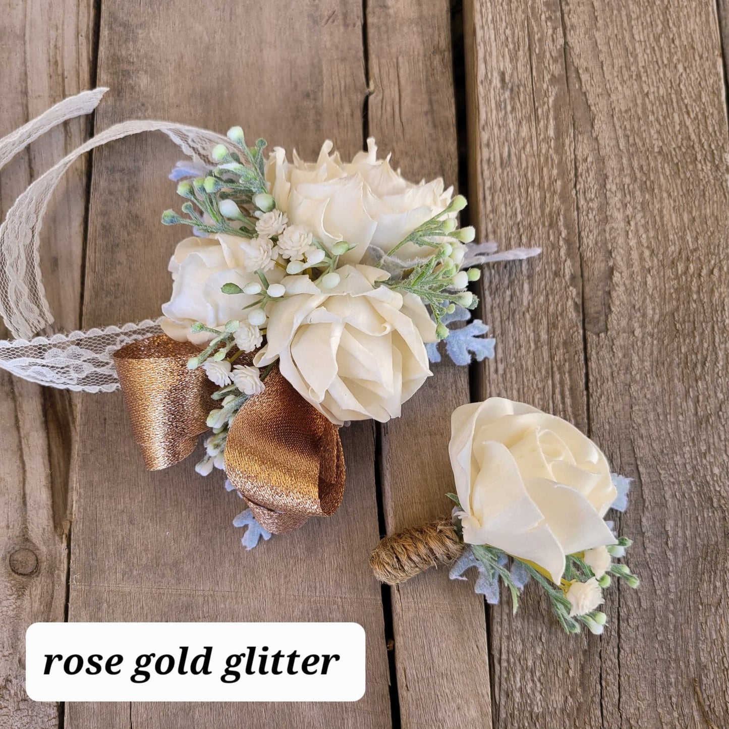 Corsage and Boutonniere Set with Wood Flowers, Wedding Flowers, Bridal Wrist Corsage, Wooden Corsage Set