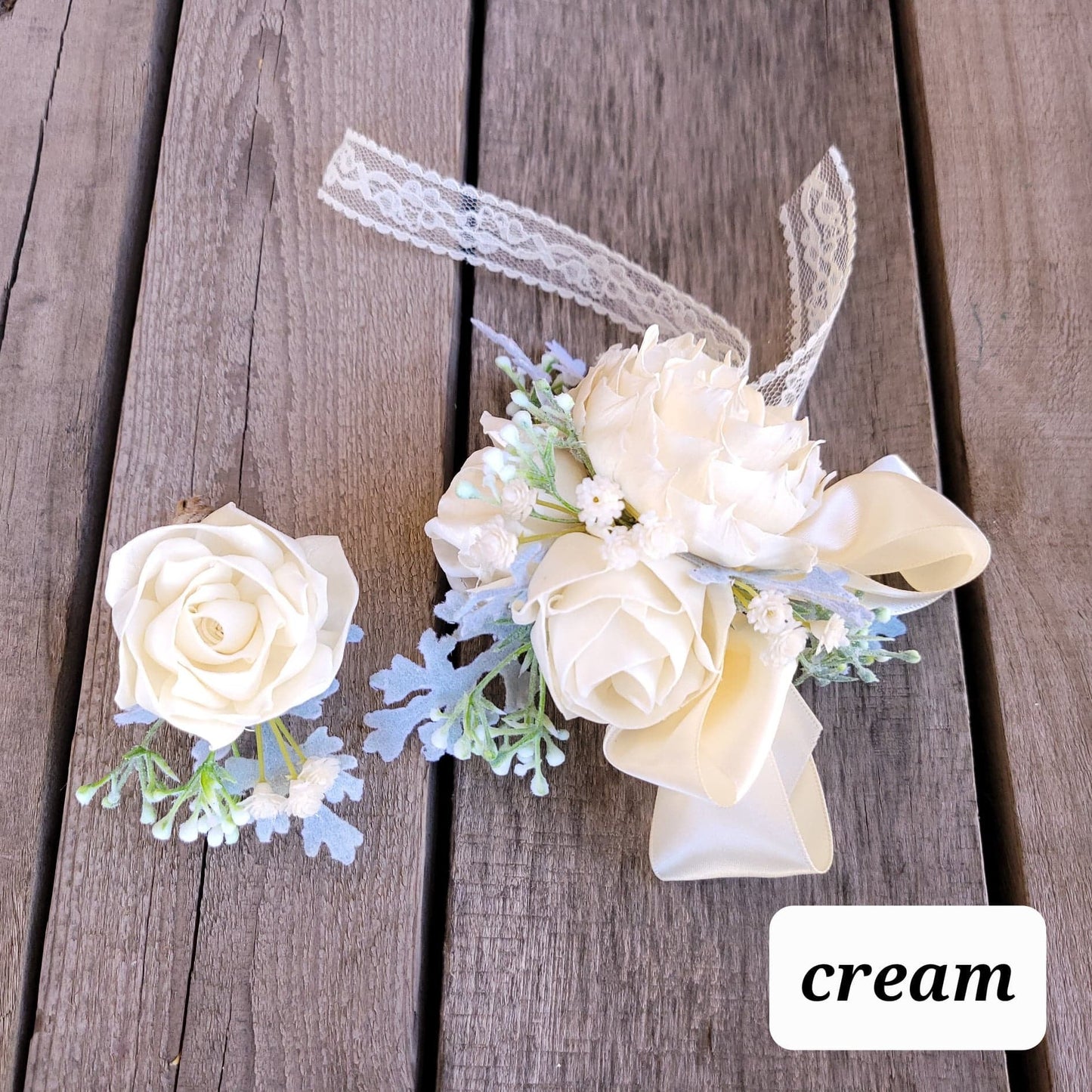 Corsage and Boutonniere Set with Wood Flowers, Wedding Flowers, Bridal Wrist Corsage, Wooden Corsage Set