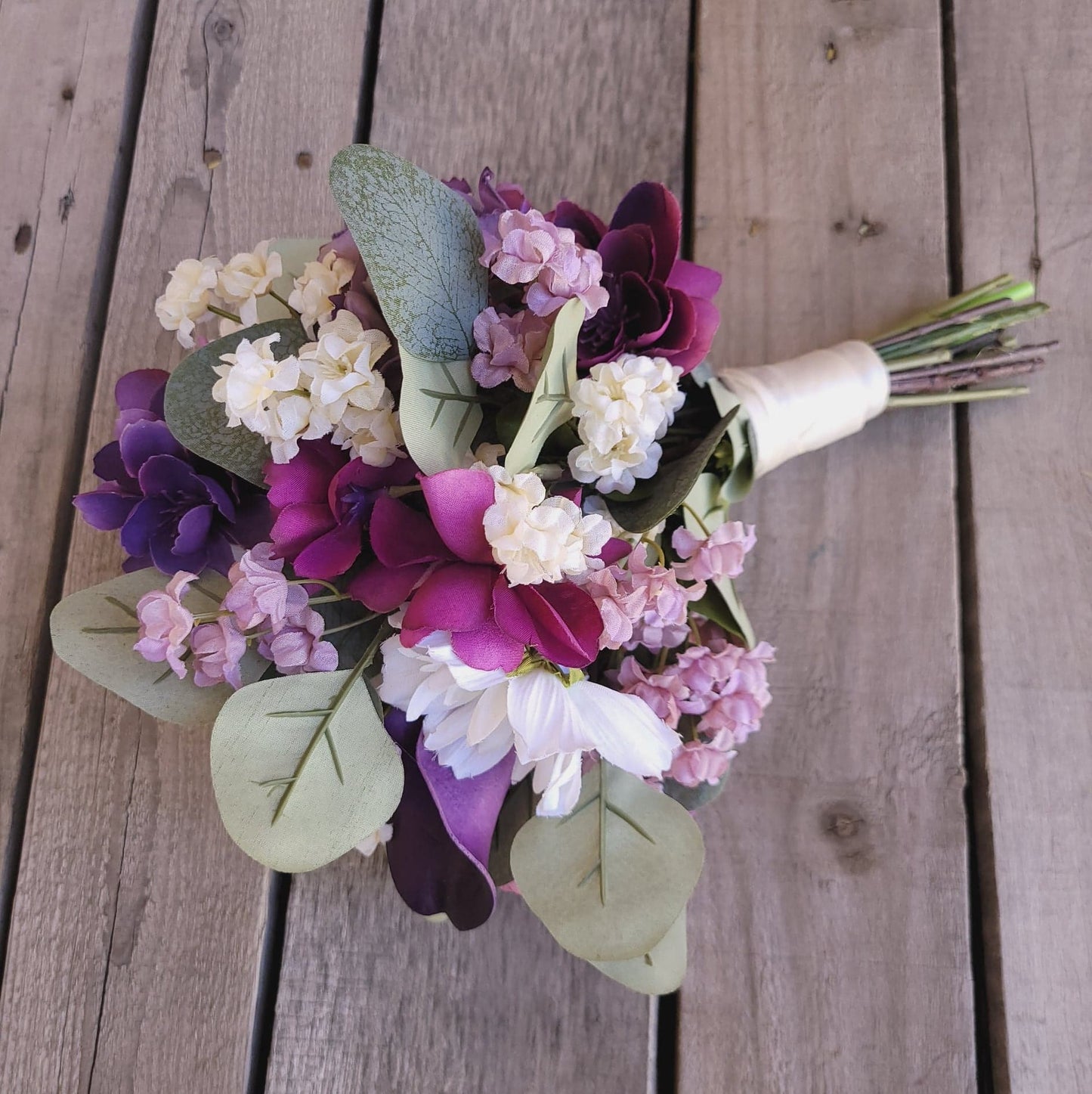 Elopement Bridal Bouquet Set, Silk Flower Bouquet and Boutonniere, Purple Wedding Flowers, Plum Wedding Bouquet
