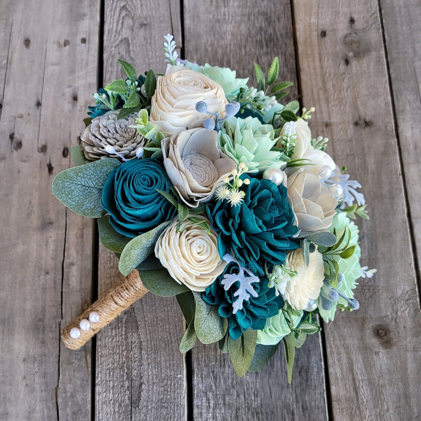 Wood Flower Beach Wedding Bouquet, Beach Bridal Bouquet, Wedding Flowers with Pearls, Oasis David's Bridal Flowers, Wooden Bouquet