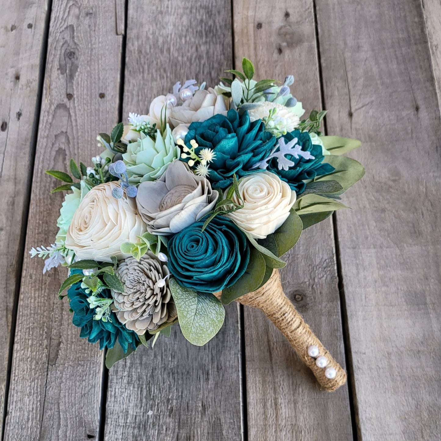 Wood Flower Beach Wedding Bouquet, Beach Bridal Bouquet, Wedding Flowers with Pearls, Oasis David's Bridal Flowers, Wooden Bouquet