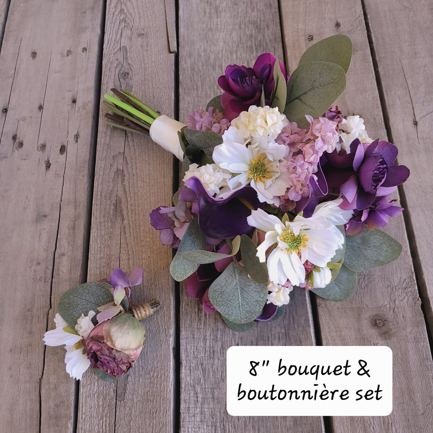 Elopement Bridal Bouquet Set, Silk Flower Bouquet and Boutonniere, Purple Wedding Flowers, Plum Wedding Bouquet