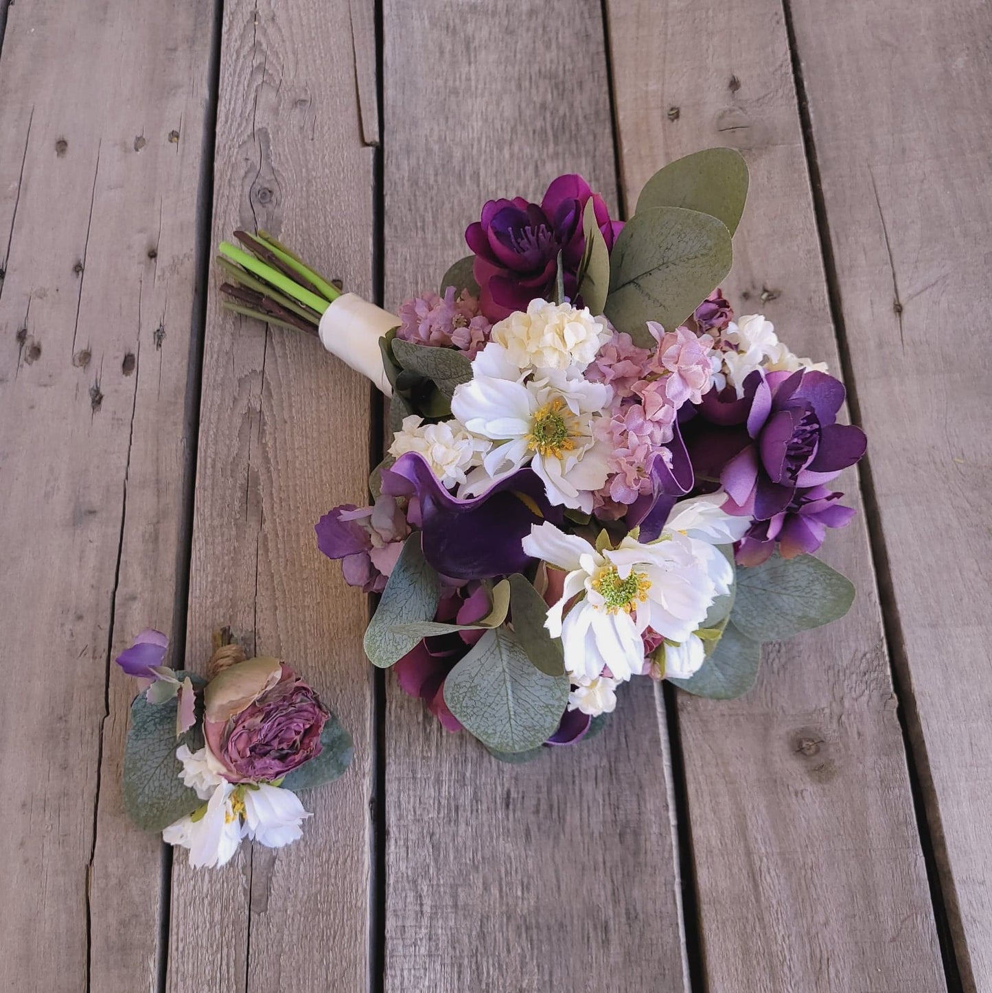 Elopement Bridal Bouquet Set, Silk Flower Bouquet and Boutonniere, Purple Wedding Flowers, Plum Wedding Bouquet