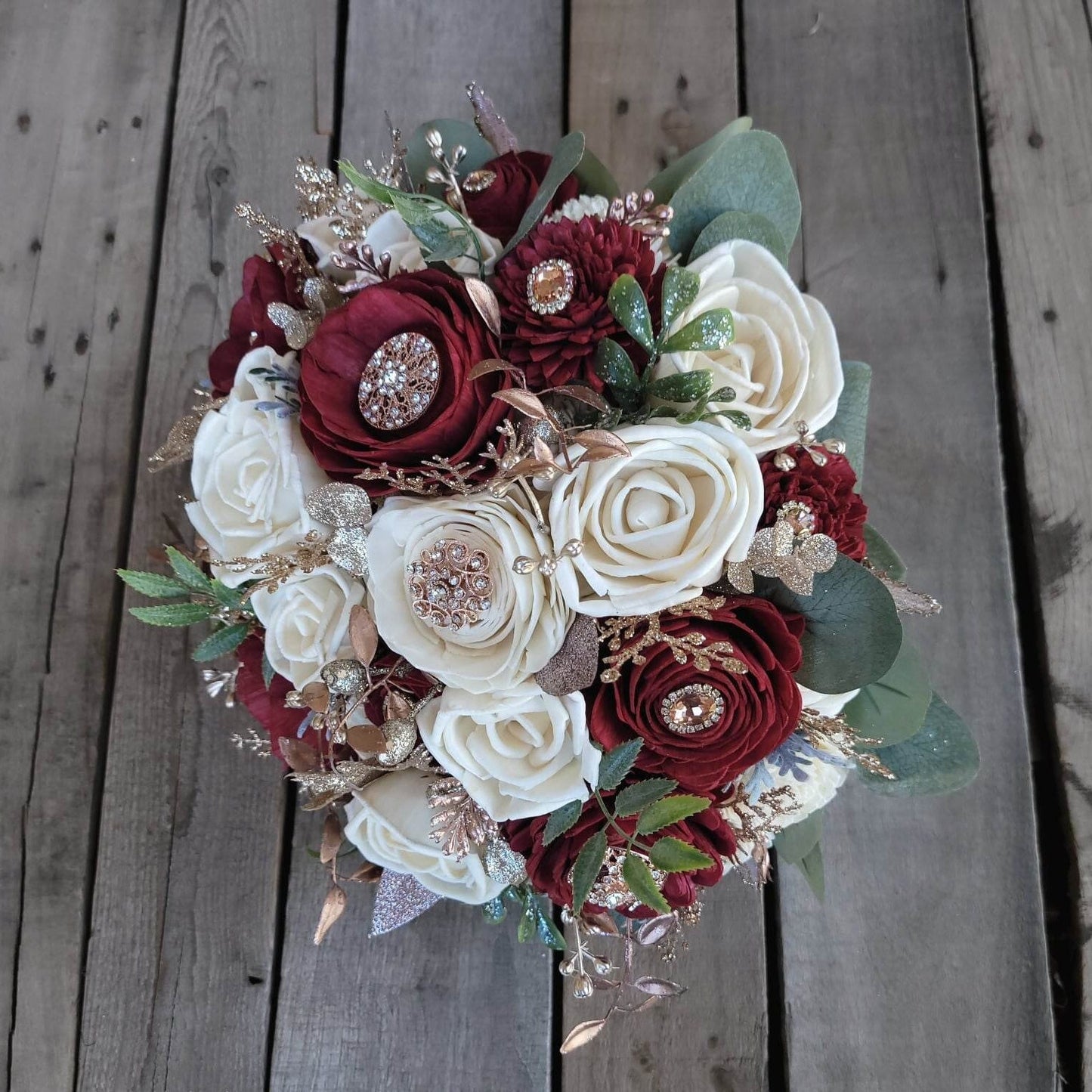 Burgundy Wood Flower Brooch Bouquet, Rose Gold Wedding Bouquet, Wooden Bride Bouquet, Burgundy Bridal Bouquet