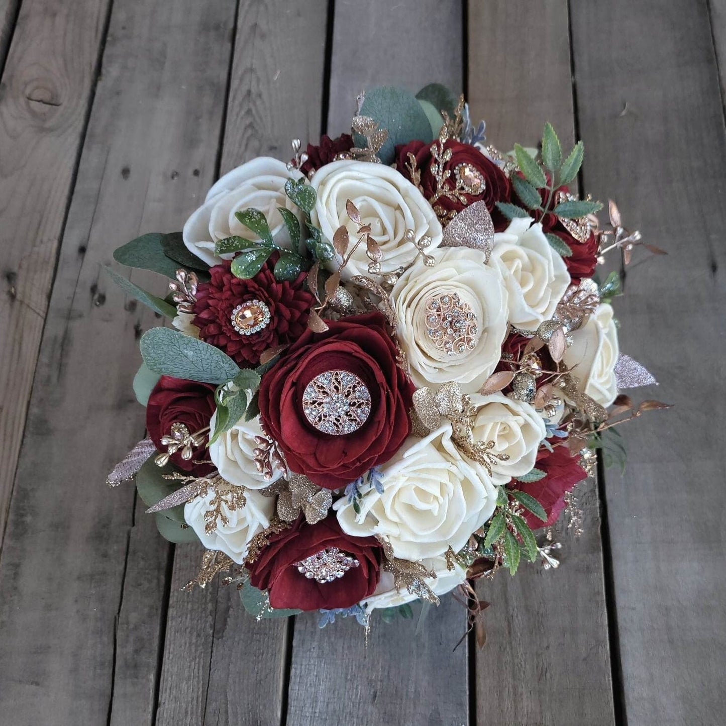 Burgundy Wood Flower Brooch Bouquet, Rose Gold Wedding Bouquet, Wooden Bride Bouquet, Burgundy Bridal Bouquet