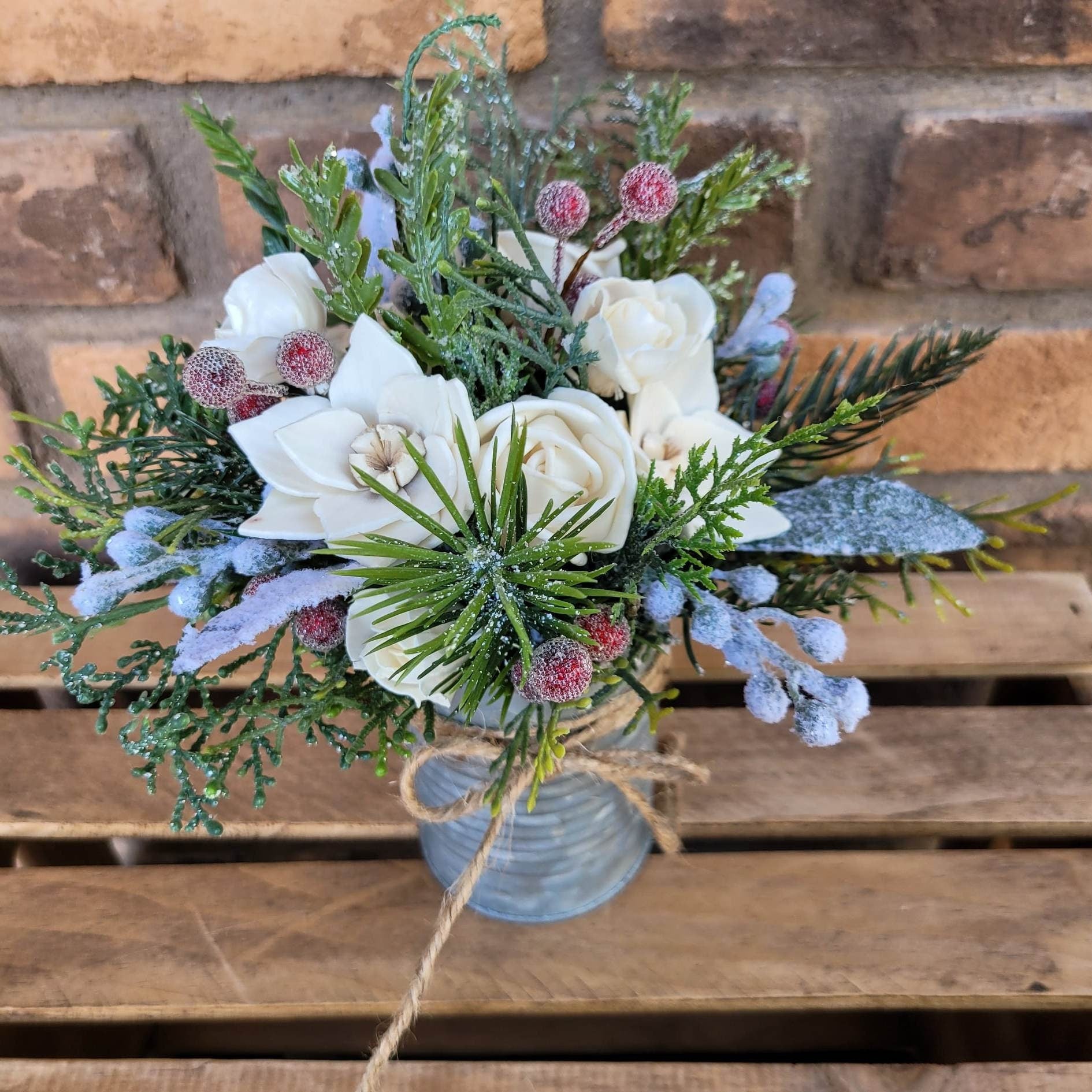 Holiday Wood Flower Centerpiece, Christmas Floral Arrangement, Holiday Hostess Gift, Wooden Flower Table Centerpiece
