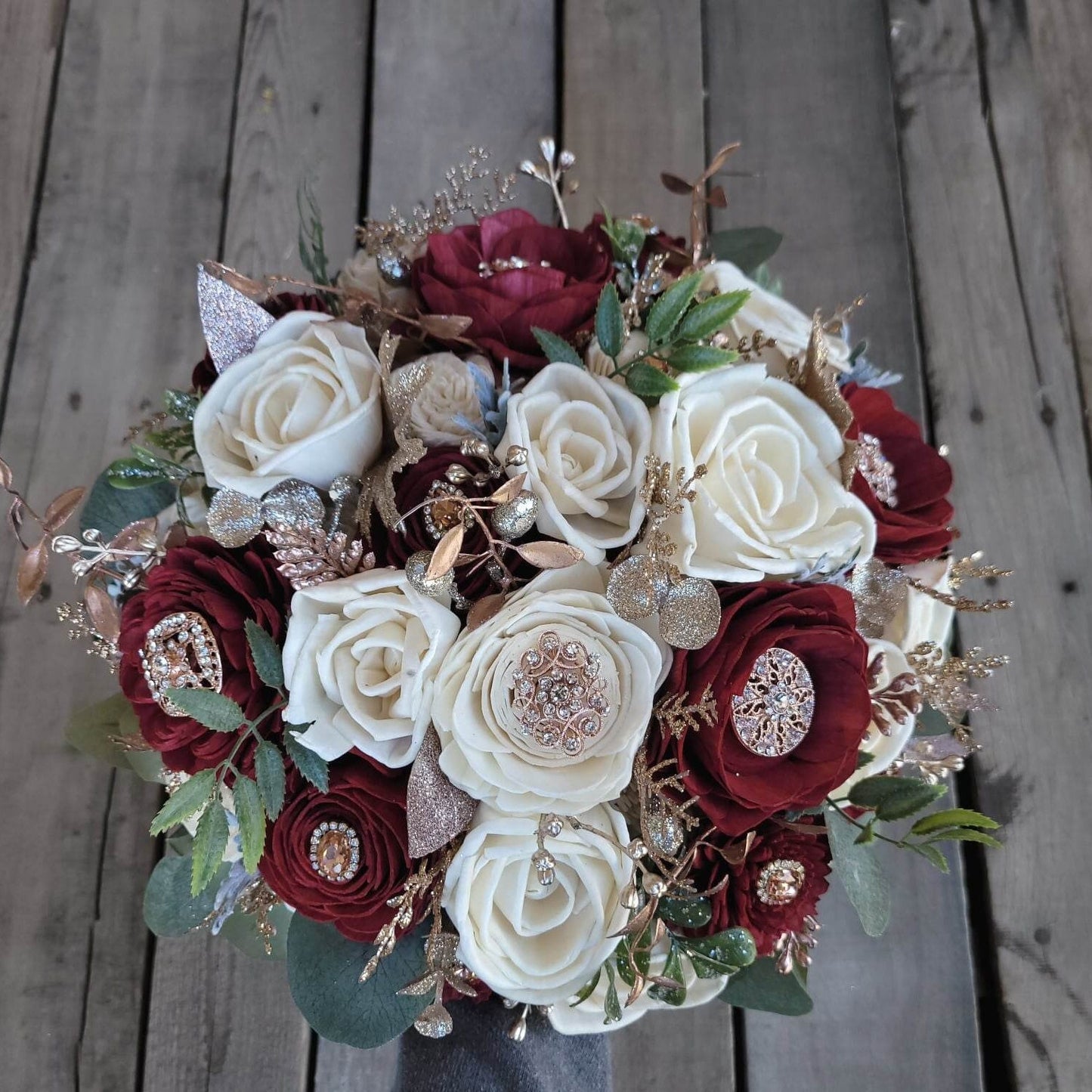 Burgundy Wood Flower Brooch Bouquet, Rose Gold Wedding Bouquet, Wooden Bride Bouquet, Burgundy Bridal Bouquet