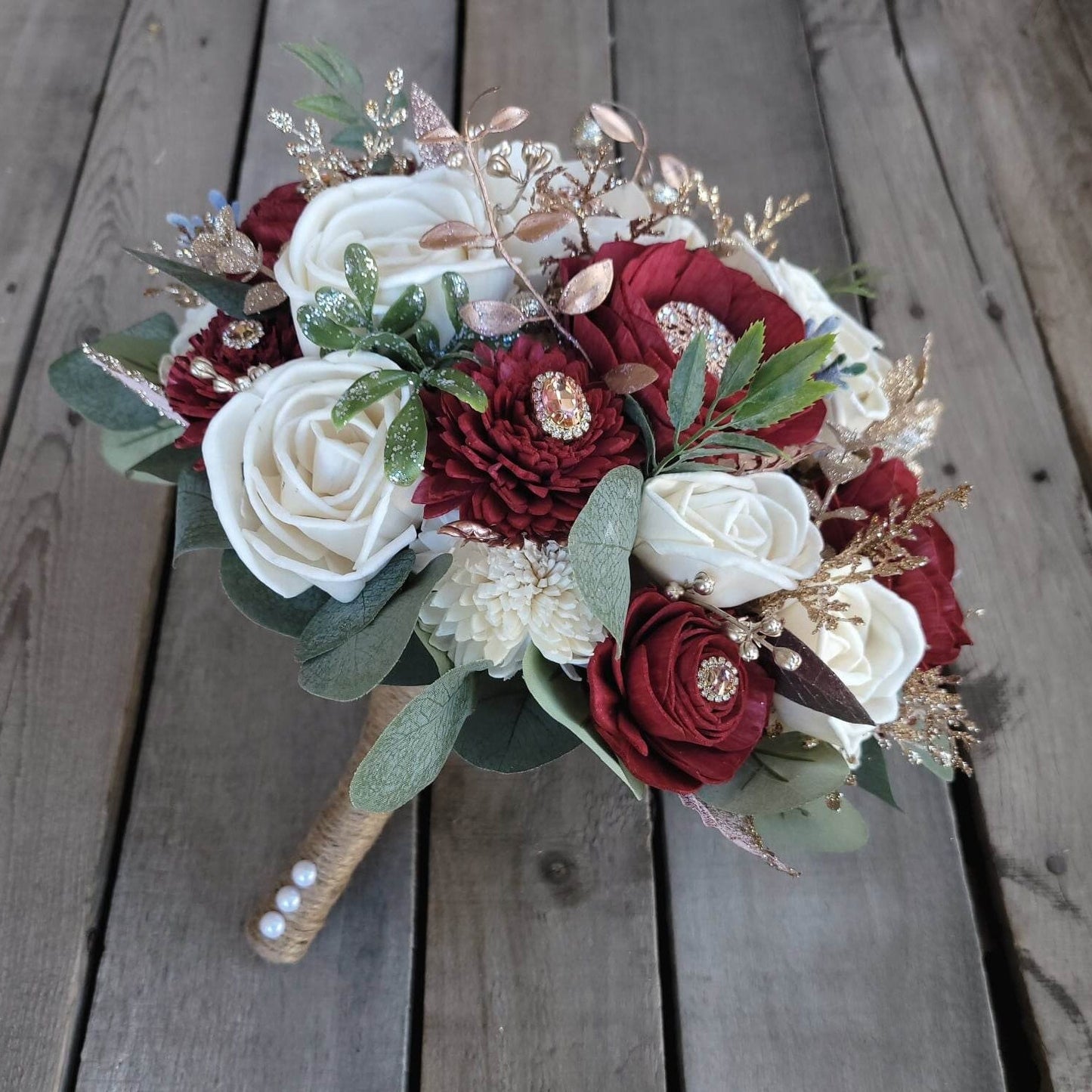 Burgundy Wood Flower Brooch Bouquet, Rose Gold Wedding Bouquet, Wooden Bride Bouquet, Burgundy Bridal Bouquet