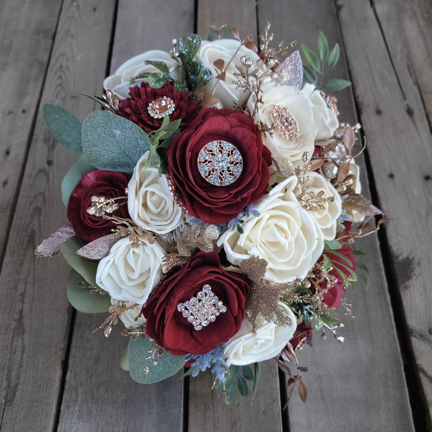 Burgundy Wood Flower Brooch Bouquet, Rose Gold Wedding Bouquet, Wooden Bride Bouquet, Burgundy Bridal Bouquet