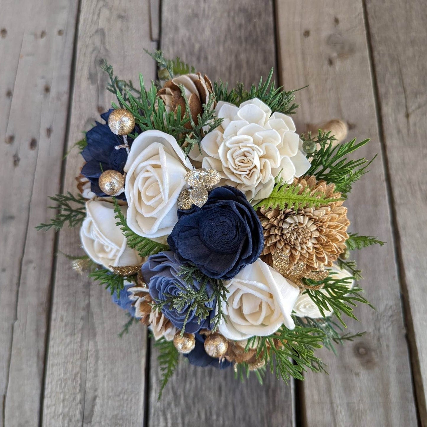 Navy Blue Wood Flower Bouquet, Navy & Gold Bridal Bouquet, Dusty Blue Wedding Flowers, Wooden Bride Bouquet, Navy and Slate Blue Bouquet