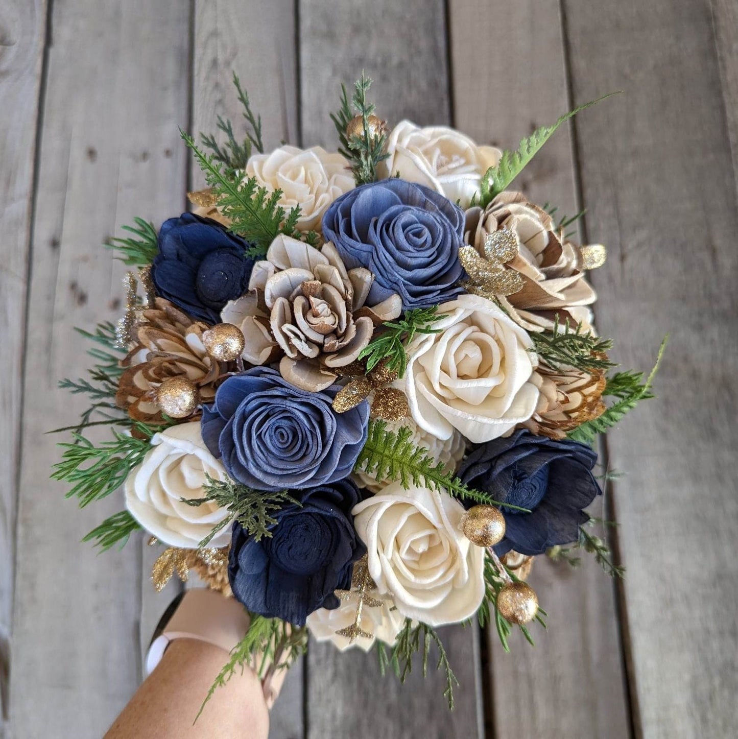 Navy Blue Wood Flower Bouquet, Navy & Gold Bridal Bouquet, Dusty Blue Wedding Flowers, Wooden Bride Bouquet, Navy and Slate Blue Bouquet