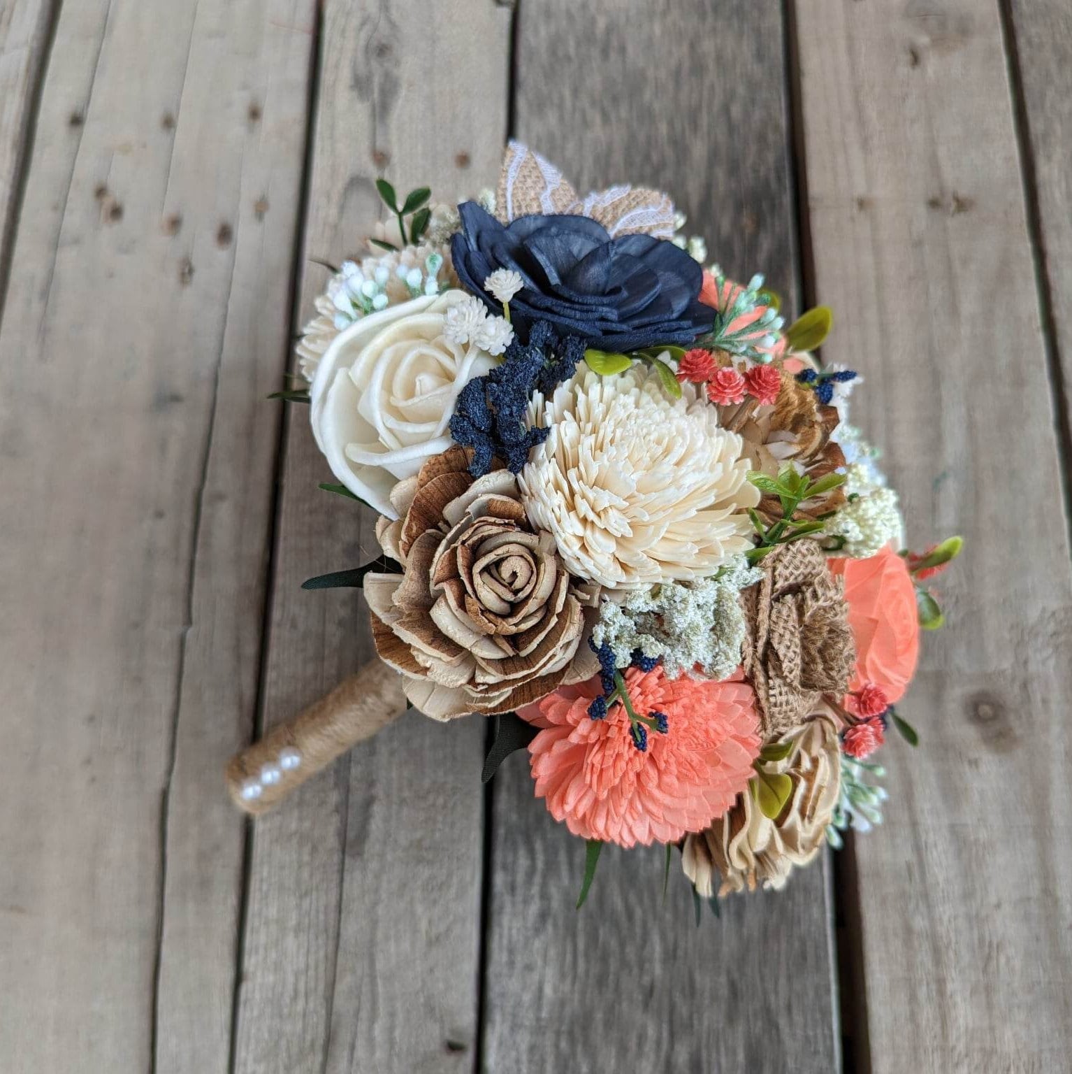Wood Flower Bouquet, Navy Blue Bridal Bouquet, Coral Wedding Bouquets, Navy and Coral Wooden Flower Bouquet, Burlap Wedding Flowers