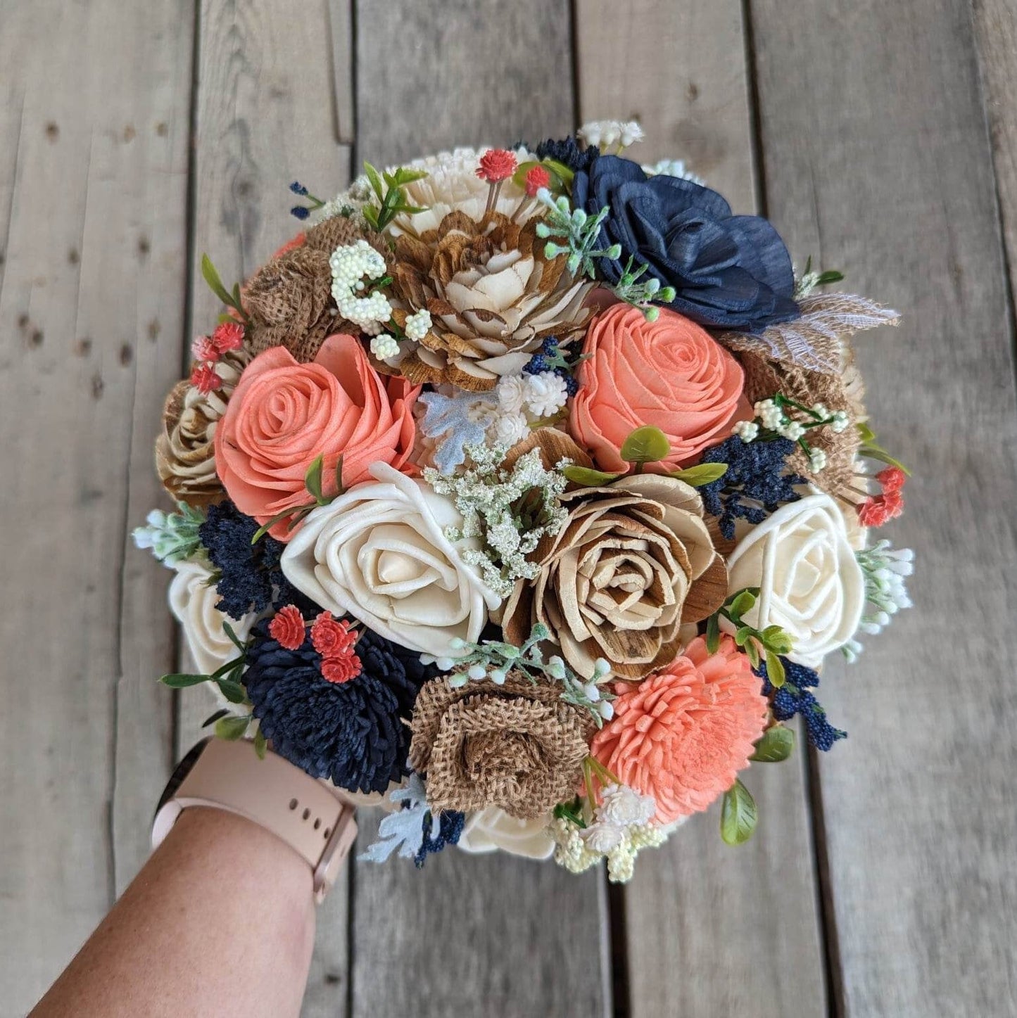 Wood Flower Bouquet, Navy Blue Bridal Bouquet, Coral Wedding Bouquets, Navy and Coral Wooden Flower Bouquet, Burlap Wedding Flowers