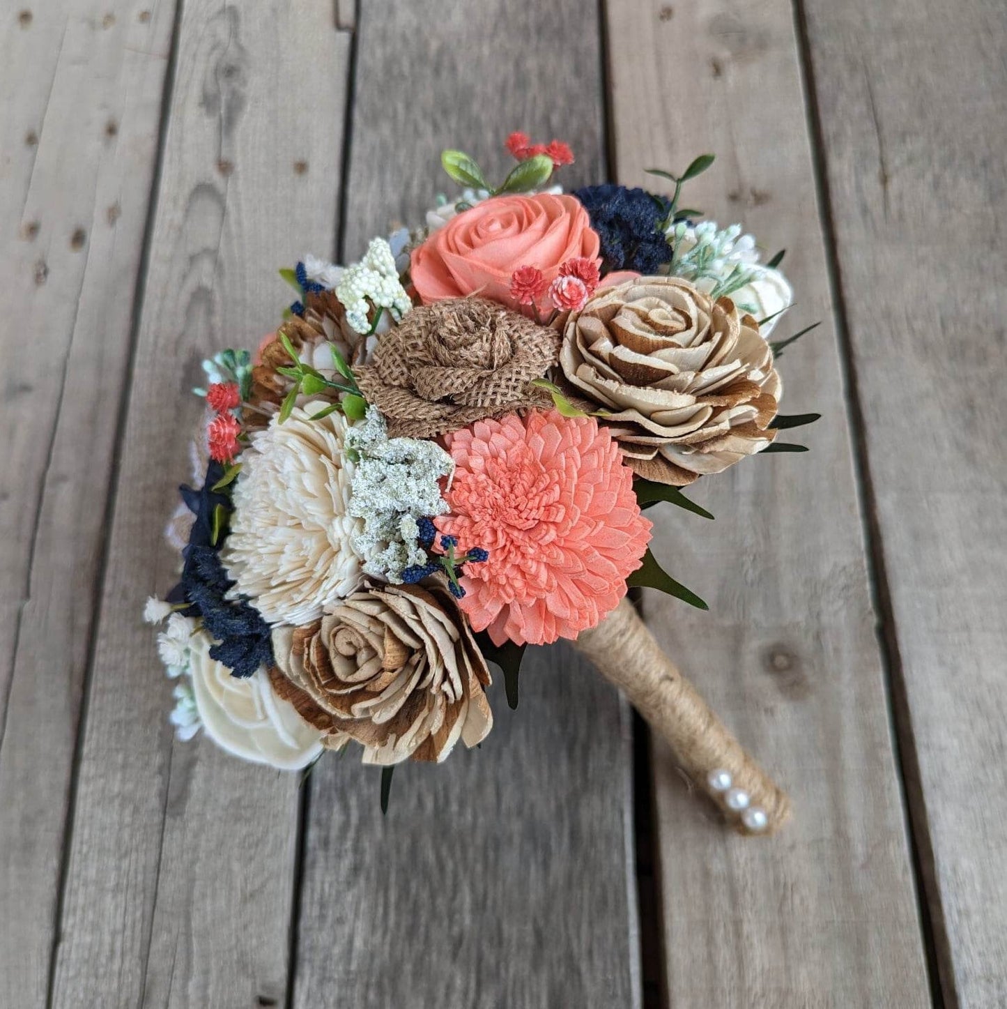 Wood Flower Bouquet, Navy Blue Bridal Bouquet, Coral Wedding Bouquets, Navy and Coral Wooden Flower Bouquet, Burlap Wedding Flowers