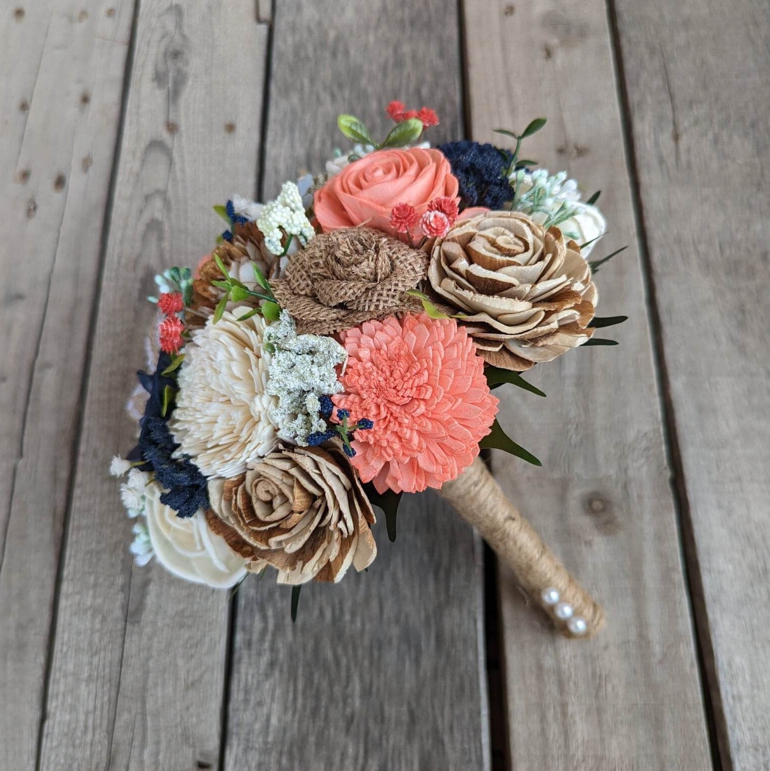 Wood Flower Bouquet, Navy Blue Bridal Bouquet, Coral Wedding Bouquets, Navy and Coral Wooden Flower Bouquet, Burlap Wedding Flowers