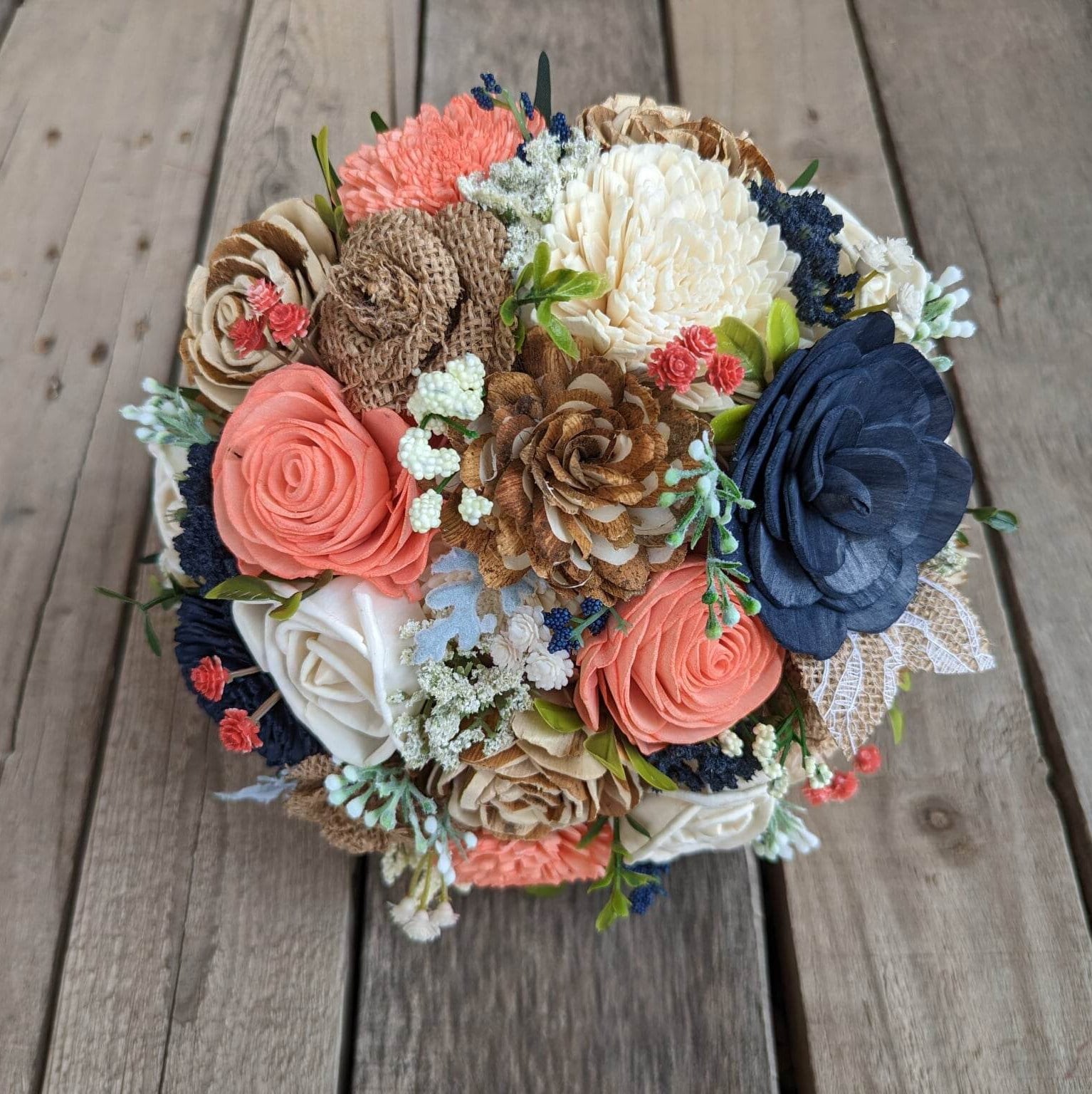Wood Flower Bouquet, Navy Blue Bridal Bouquet, Coral Wedding Bouquets, Navy and Coral Wooden Flower Bouquet, Burlap Wedding Flowers