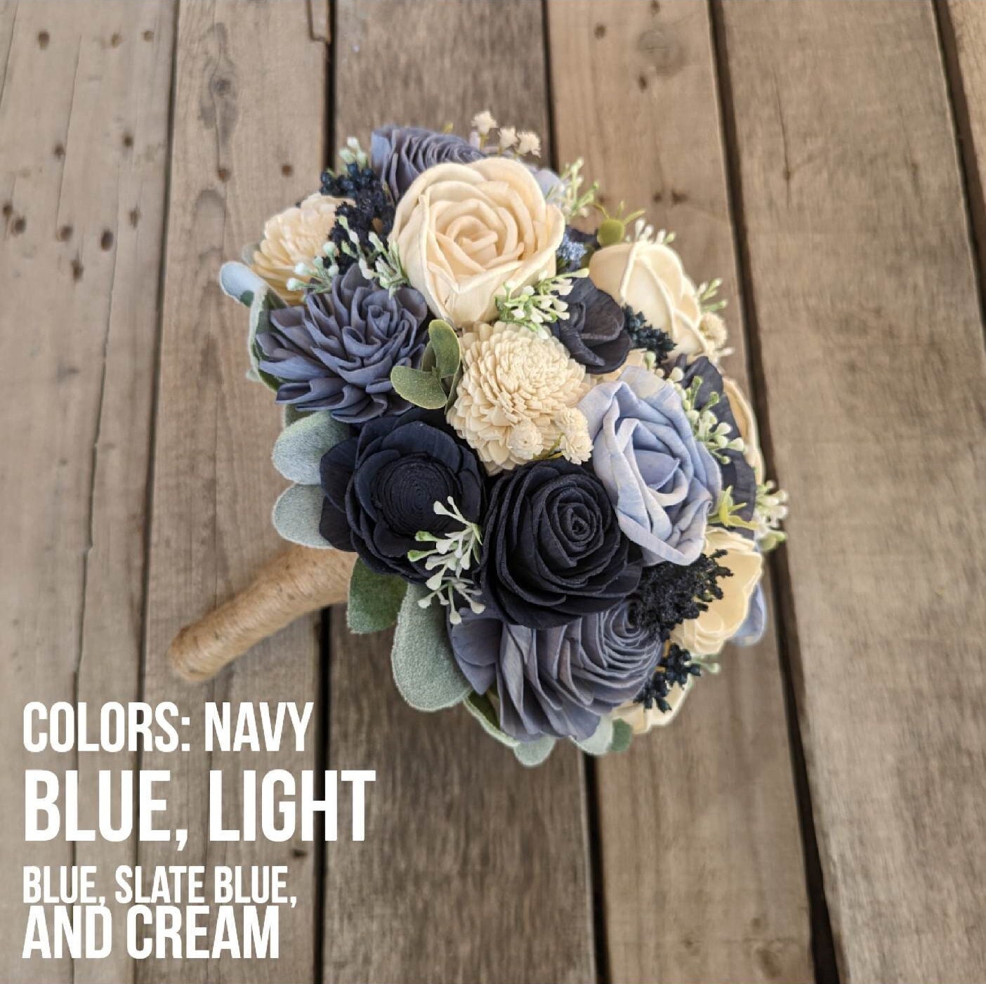 Blue Wedding Bouquet with Wood Flowers, Wooden Flower Bouquet, Sola Wood Flowers Bridal Bouquet