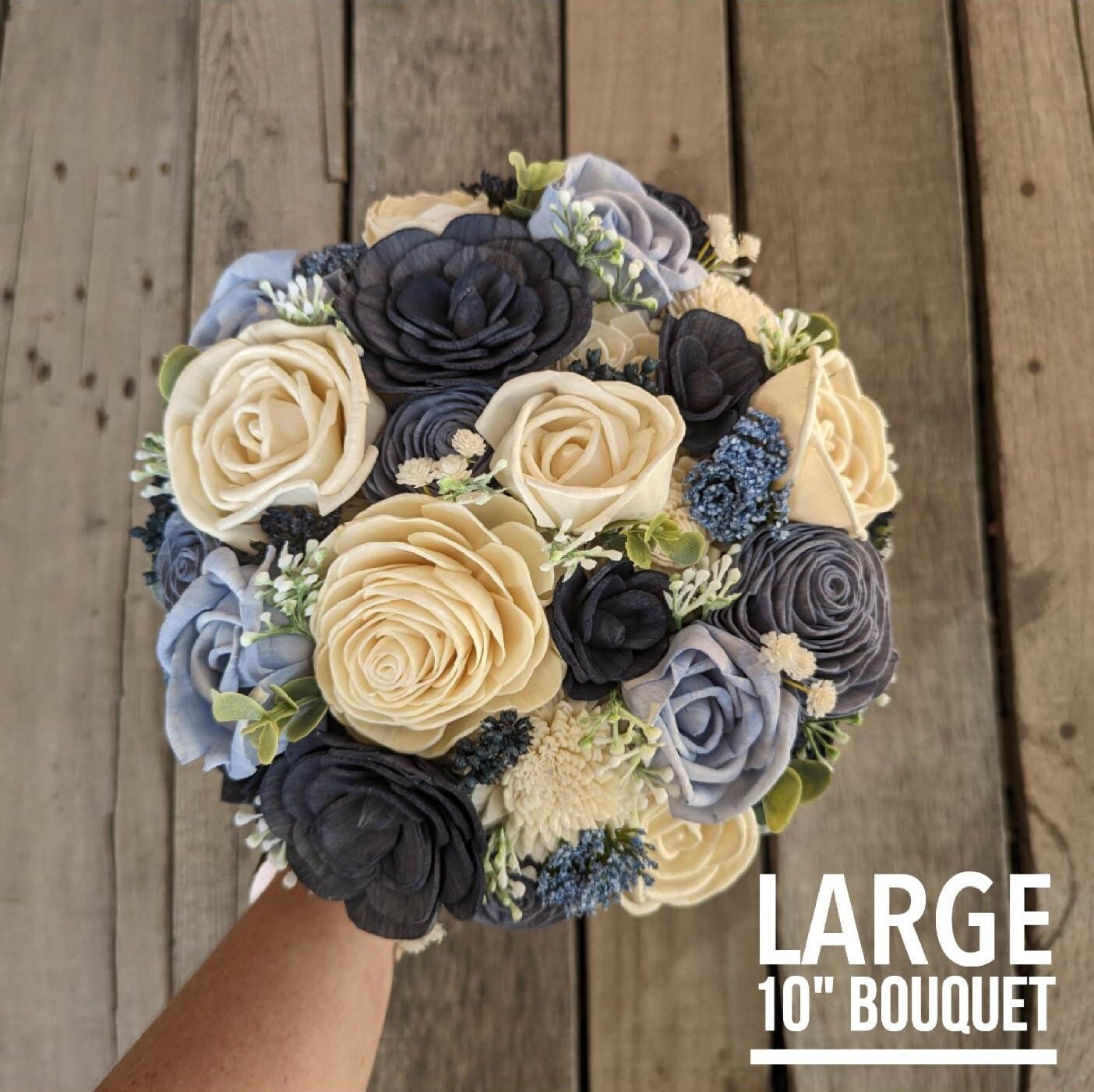 Blue Wedding Bouquet with Wood Flowers, Wooden Flower Bouquet, Sola Wood Flowers Bridal Bouquet