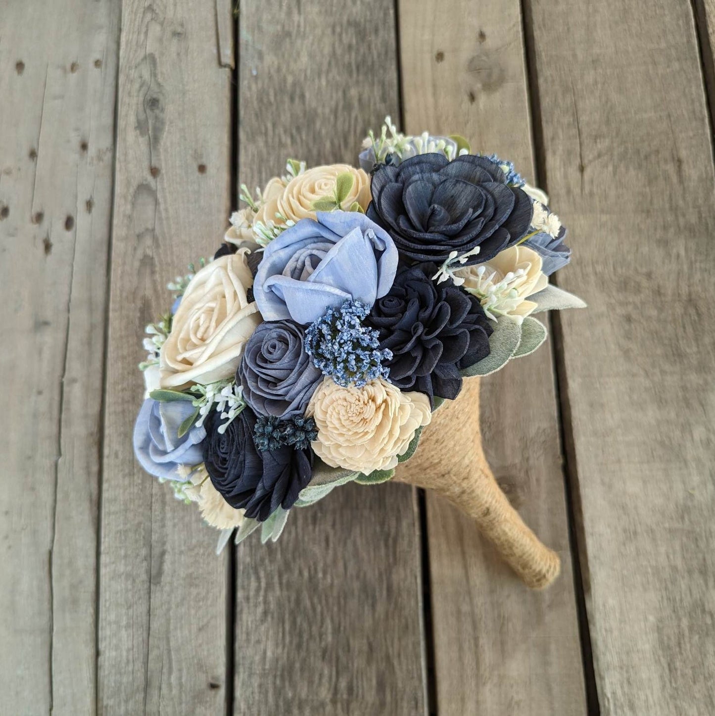 Blue Wedding Bouquet with Wood Flowers, Wooden Flower Bouquet, Sola Wood Flowers Bridal Bouquet