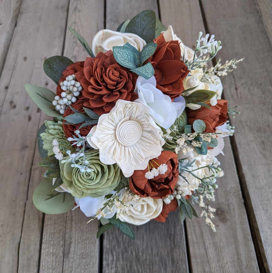 Wood Flower Bouquet, Rust and Sage Wedding Bouquet, Fall Bridal Bouquet, Burnt Orange and Sage Wooden Flower Bouquet, Sola Wood Flowers