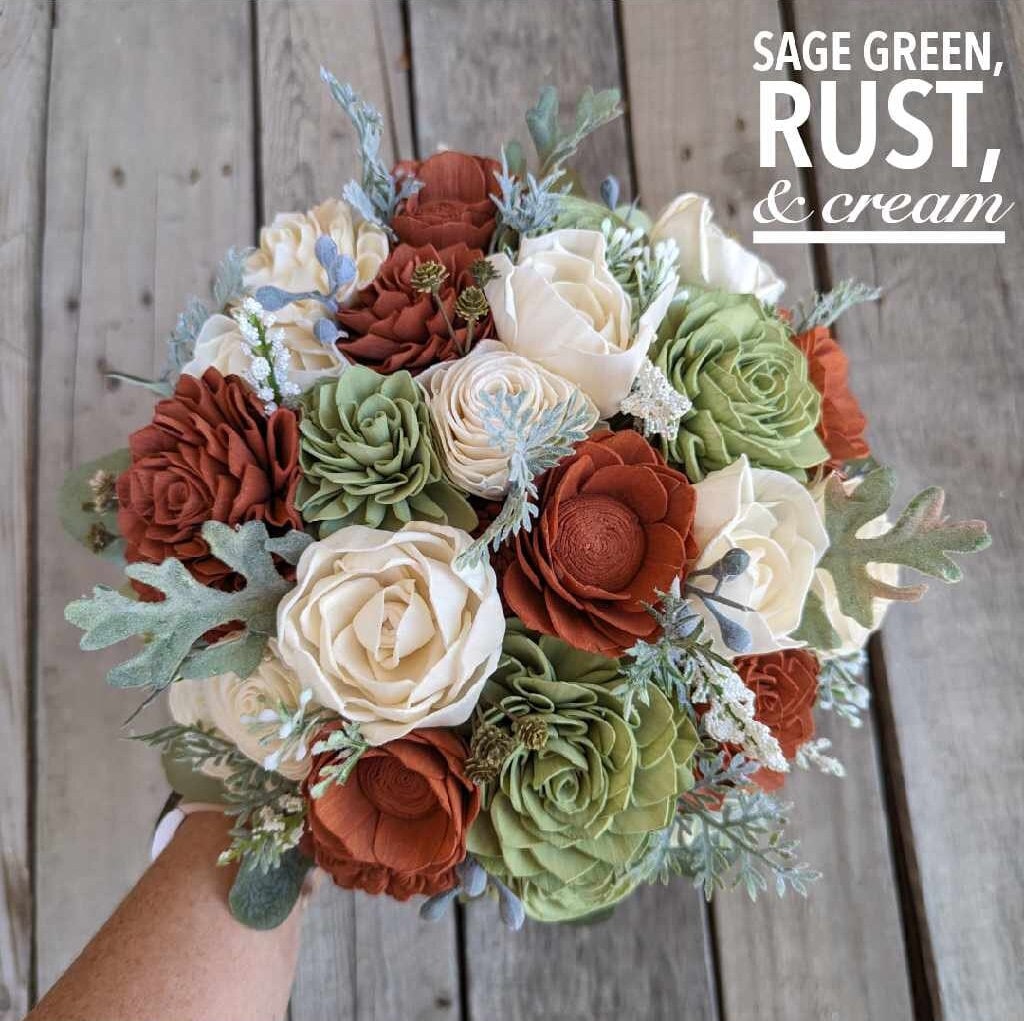 Fall Wedding Bouquet, Wood Flower Bouquet, Rust and Sage Bridal Bouquet, Burnt Orange and Sage Wooden Flower Bouquet, Sola Wood Flowers