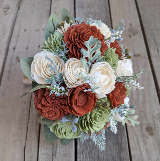 Fall Wedding Bouquet, Wood Flower Bouquet, Rust and Sage Bridal Bouquet, Burnt Orange and Sage Wooden Flower Bouquet, Sola Wood Flowers