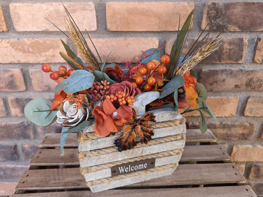 Wood Flowers Floral Arrangement for Fall, Thanksgiving Table Centerpiece, Pumpkin Floral Arrangement