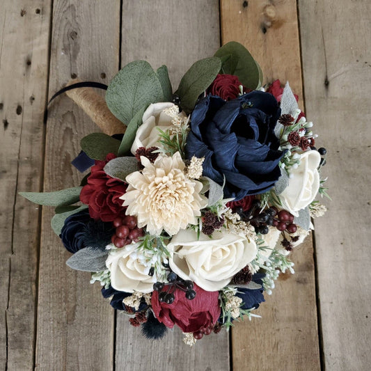 Wooden Flower Bouquet, Summer Wedding Bouquet, Burgundy Bridal Bouquet, Red White and Blue Wedding Flowers, Bridal Boutique