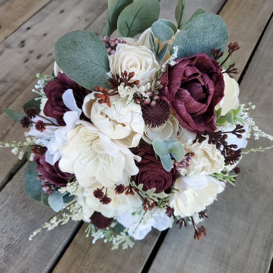 Sola Wood Flower Bouquet with David's Bridal Wine Flowers, Fall Wedding Bridal Flowers, Wooden Bride Bouquet, Bridesmaid Bouquet