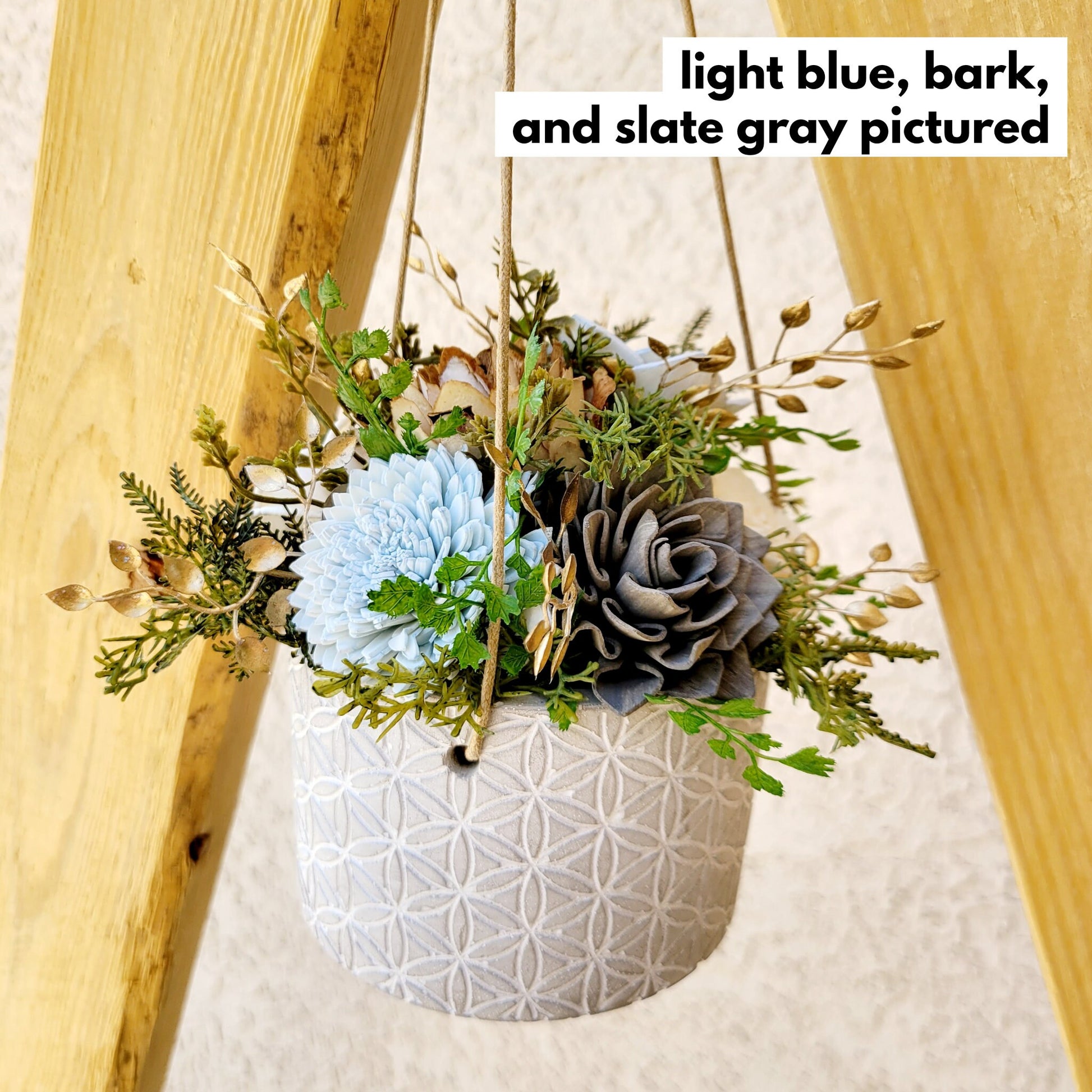 Wood Flower Hanging Planter, Wooden Flowers Housewarming Gift, Cement Planter with Fake Flowers, Wood Flowers Succulent planter