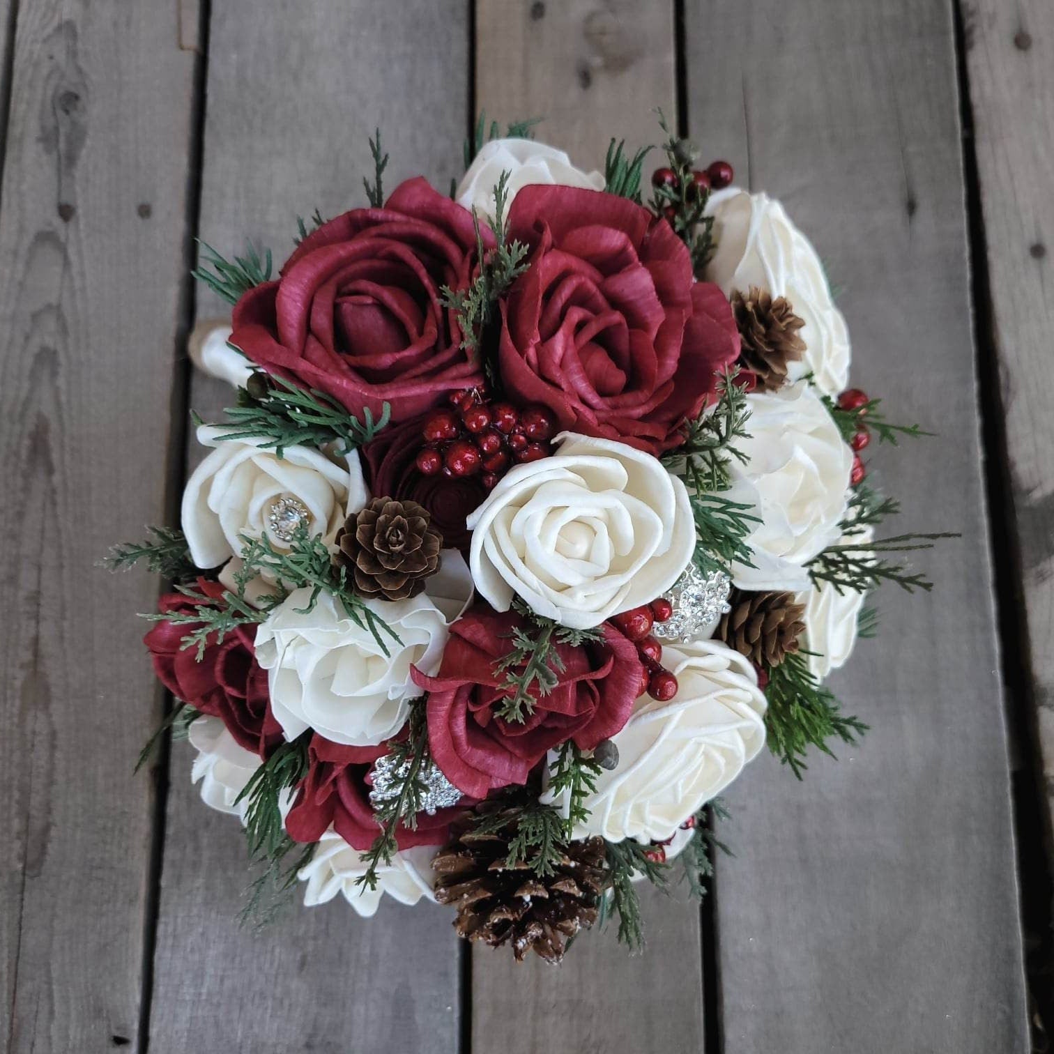 Burgundy Winter Wedding Bouquet with Wood Flowers and Pine Cones, Wooden Bridal Bouquet
