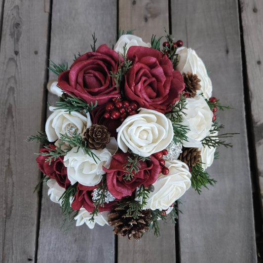 Burgundy Winter Wedding Bouquet with Wood Flowers and Pine Cones, Wooden Bridal Bouquet