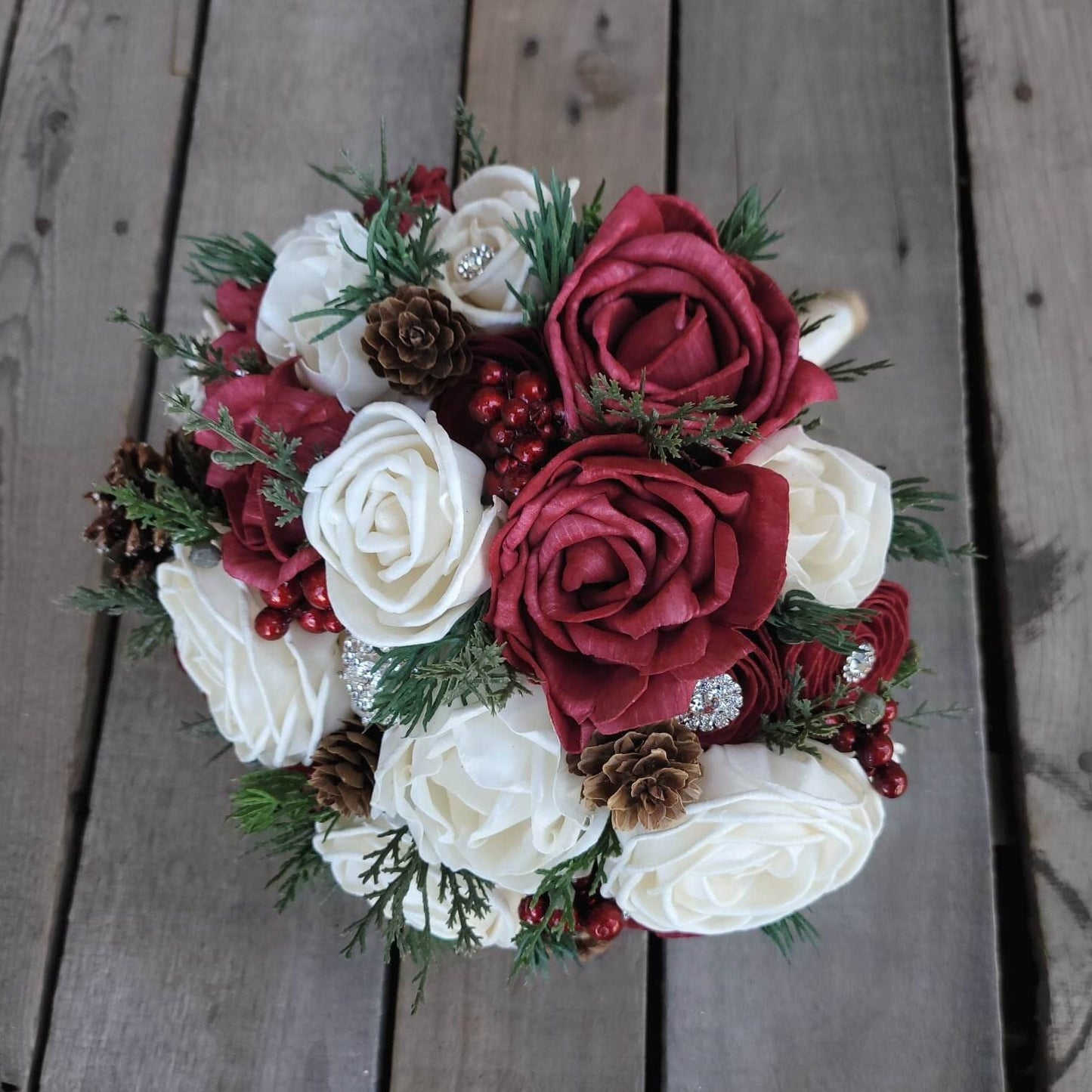 Wood Flower Bouquet, Christmas Wedding Bouquet, Winter Bridal Bouquet, Wooden Flowers Bouquet, Burgundy Rose Bouquet