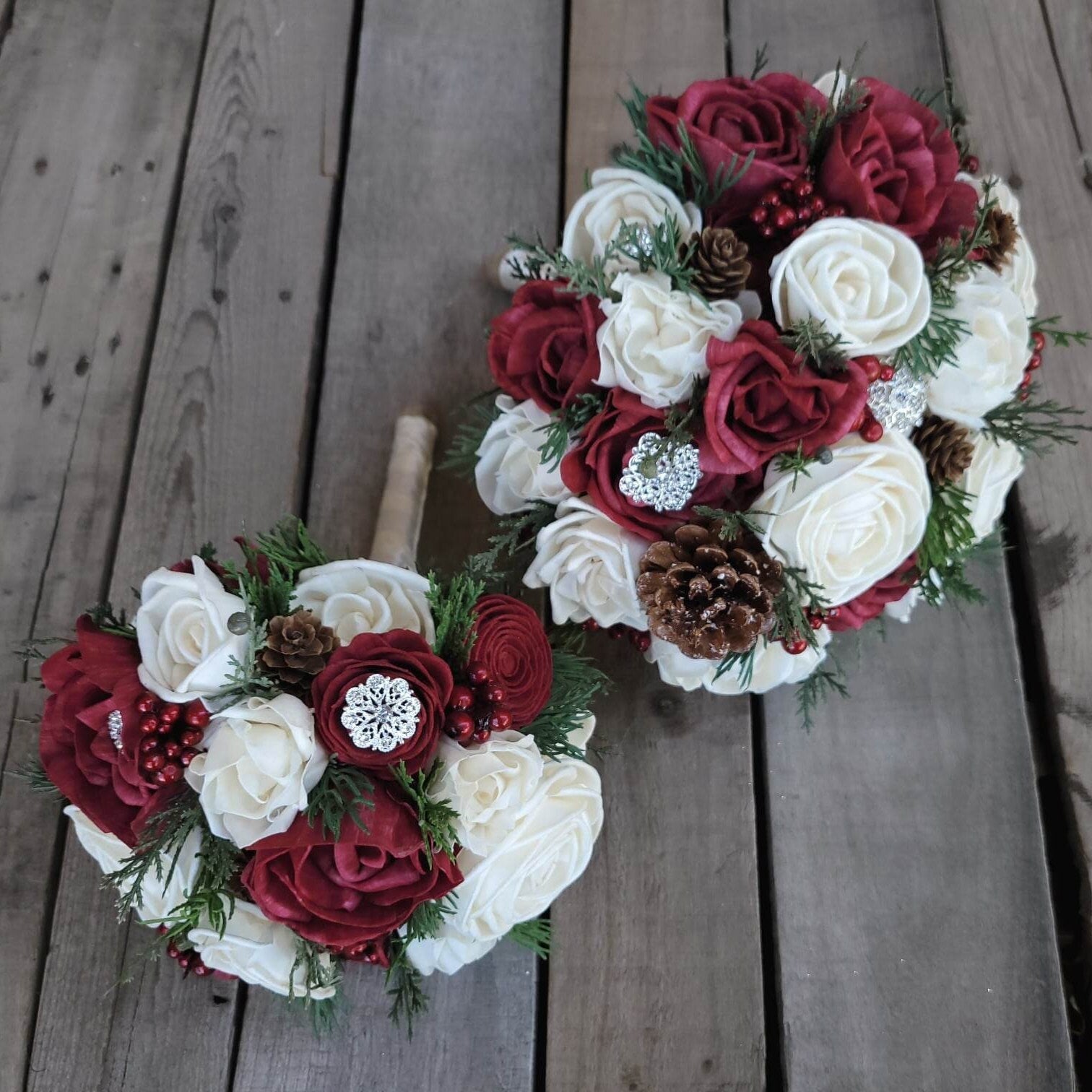 Wood Flower Bouquet, Christmas Wedding Bouquet, Winter Bridal Bouquet, Wooden Flowers Bouquet, Burgundy Rose Bouquet