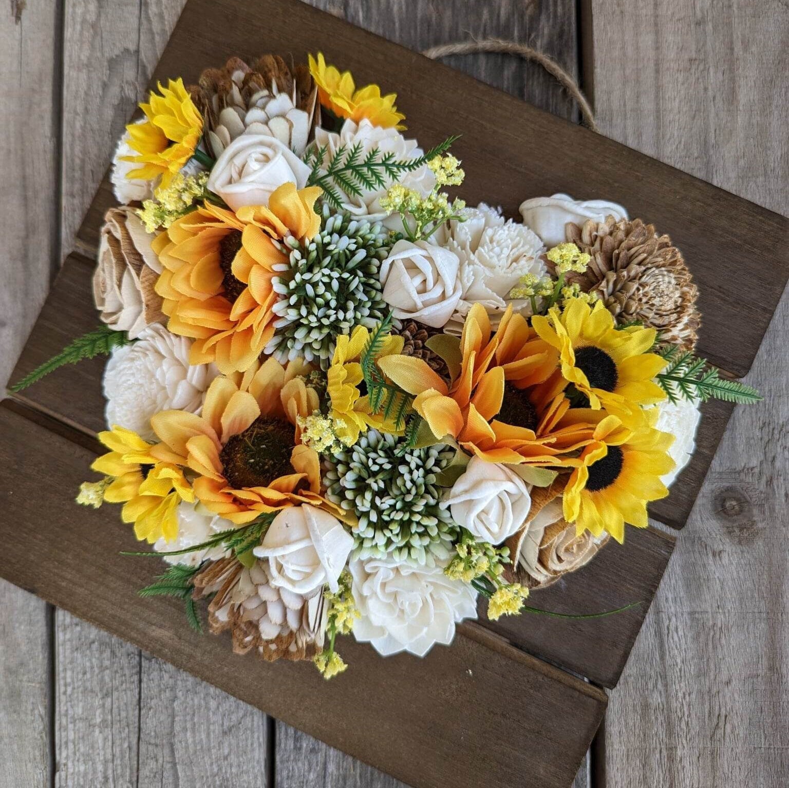 Wood Flower Heart Sign, Wooden Flower Art, Heart with Wood Flowers, Sunflower Home Decor, Thinking of You Floral Arrangement, Mother's Day