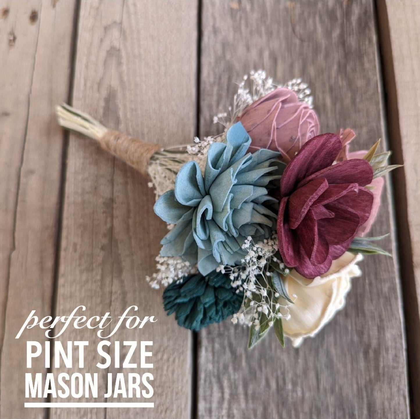 Mason Jar Bouquet with Wood Flowers, Wood Flower Table Centerpiece, Wedding Reception Decor, Wedding Centerpiece, Wood Flower Bouquet