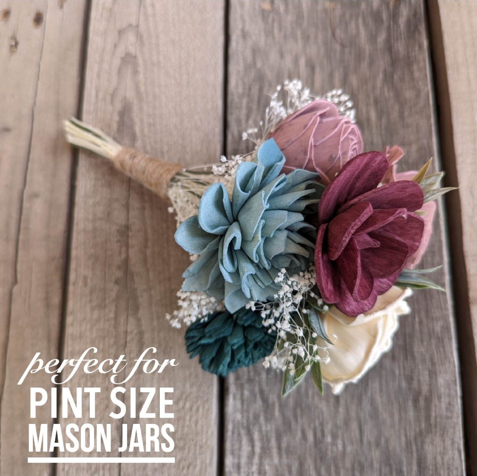 Mason Jar Bouquet with Wood Flowers, Wood Flower Table Centerpiece, Wedding Reception Decor, Wedding Centerpiece, Wood Flower Bouquet