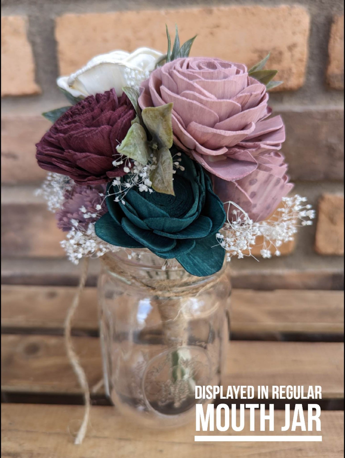 Mason Jar Bouquet with Wood Flowers, Wood Flower Table Centerpiece, Wedding Reception Decor, Wedding Centerpiece, Wood Flower Bouquet