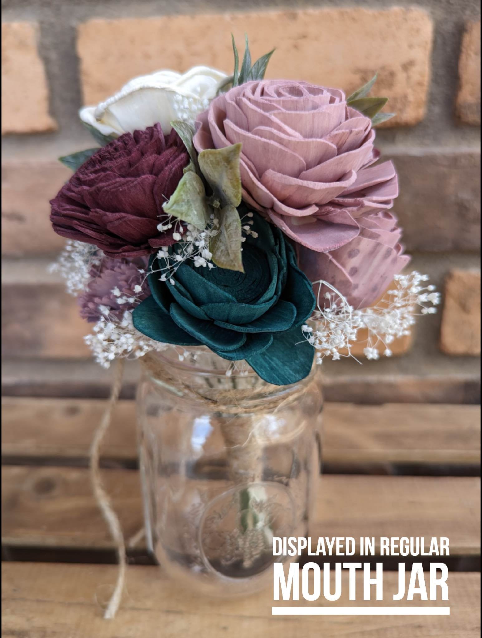 Mason Jar Bouquet with Wood Flowers, Wood Flower Table Centerpiece, Wedding Reception Decor, Wedding Centerpiece, Wood Flower Bouquet