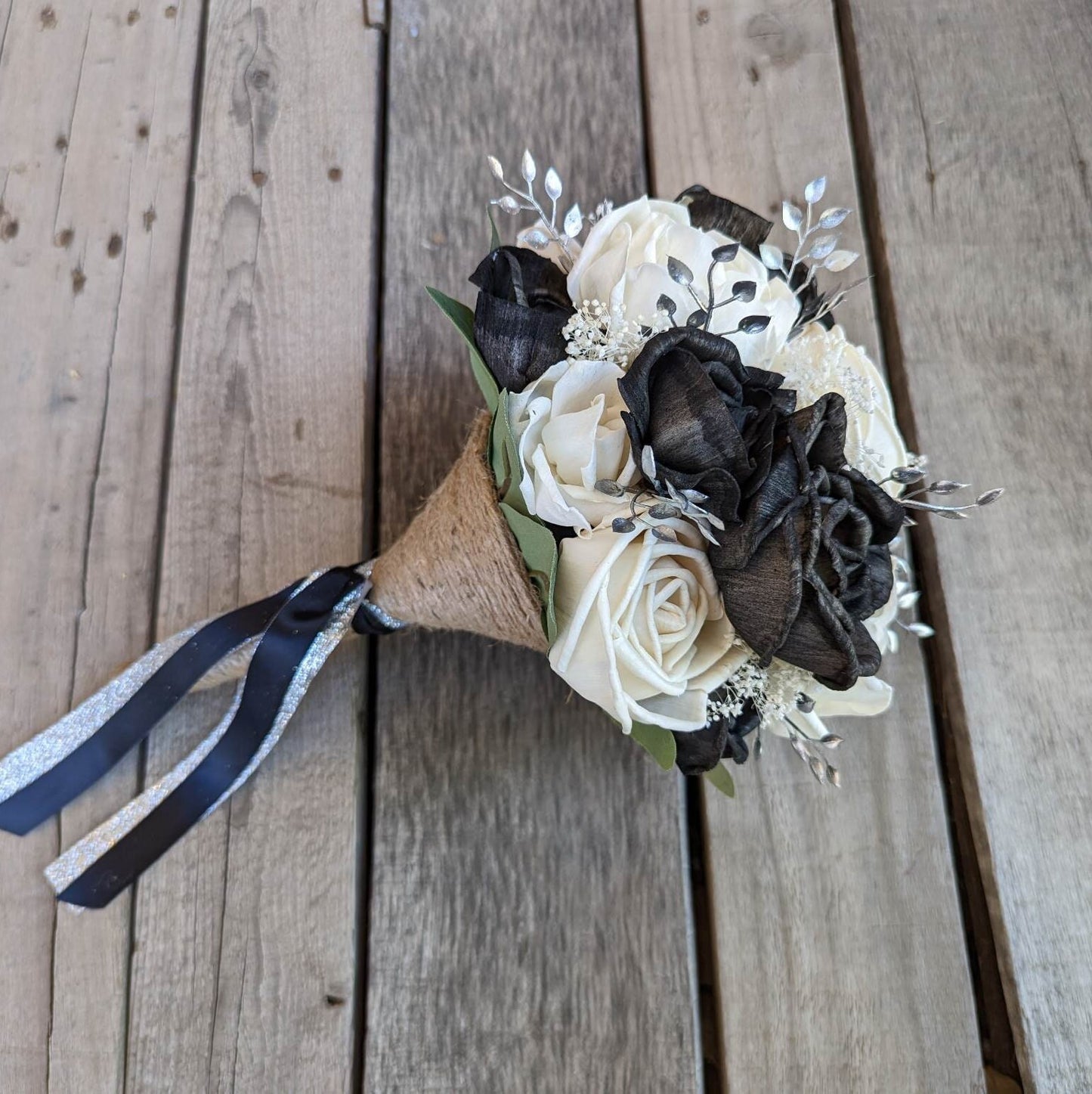 Wood Flower Bouquet, Black and White Wedding Bouquets, Wooden Flower Bouquet, Black and Silver Bridal Bouquet, Sola Wood Flowers