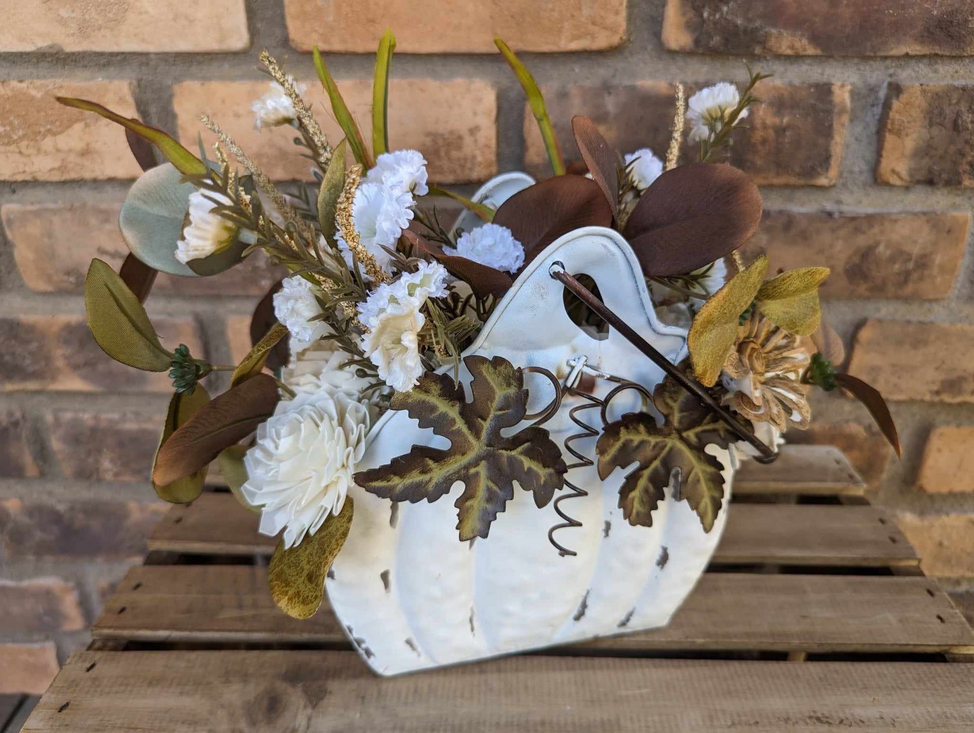 Wood Flowers Floral Arrangement for Fall, Thanksgiving Table Centerpiece, Cream Pumpkin Floral Arrangement, Fall Home Decor